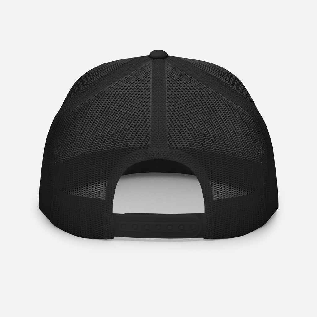 rear view of Monksee Drop the Vibe black trucker cap on white background showing snapback