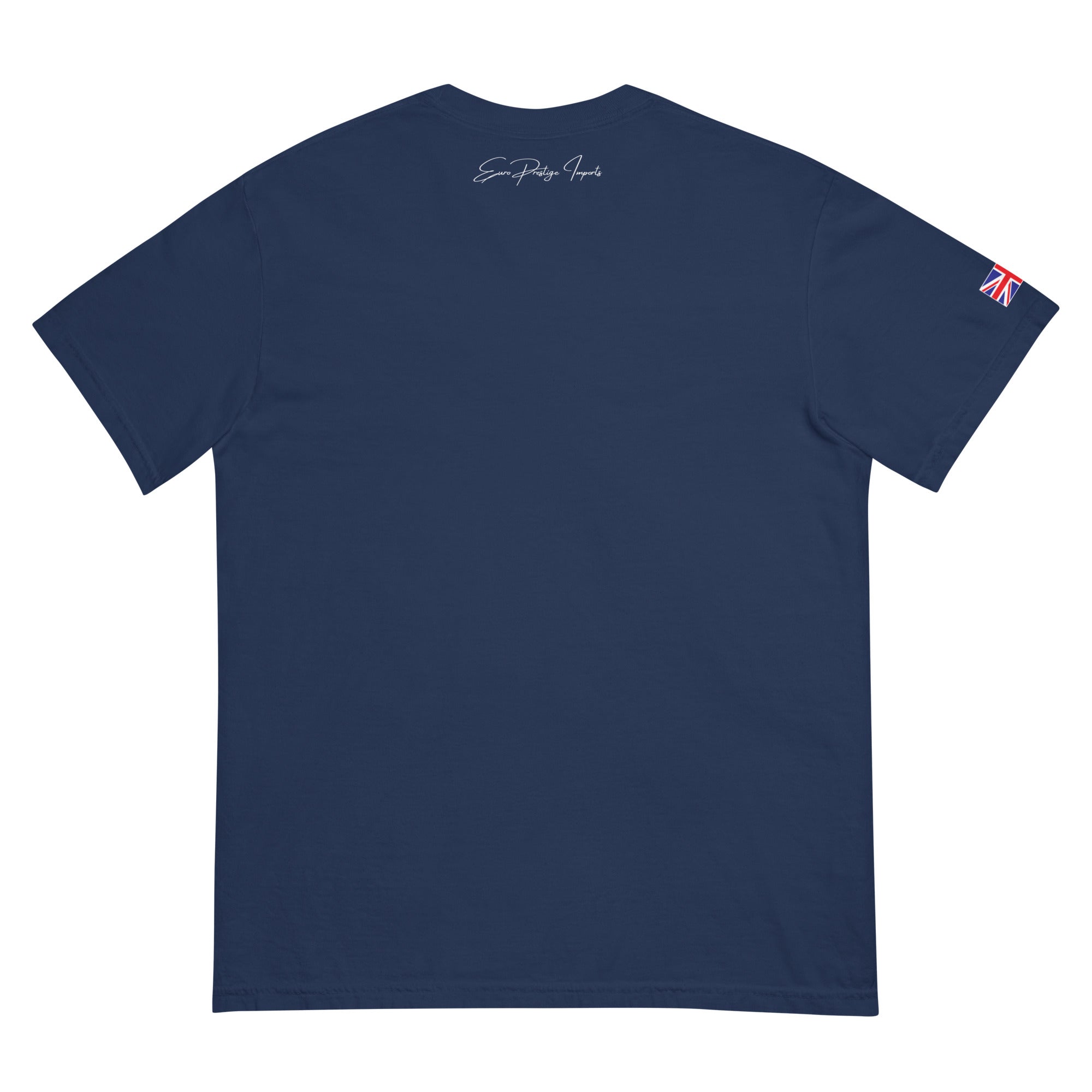 Navy blue t-shirt with a small logo on the sleeve against a white background