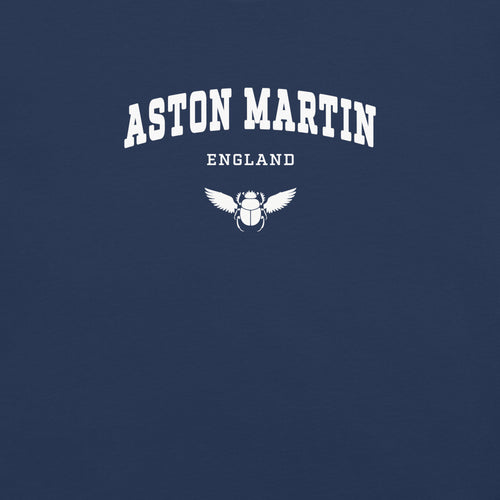 Aston Martin logo with text on a navy background