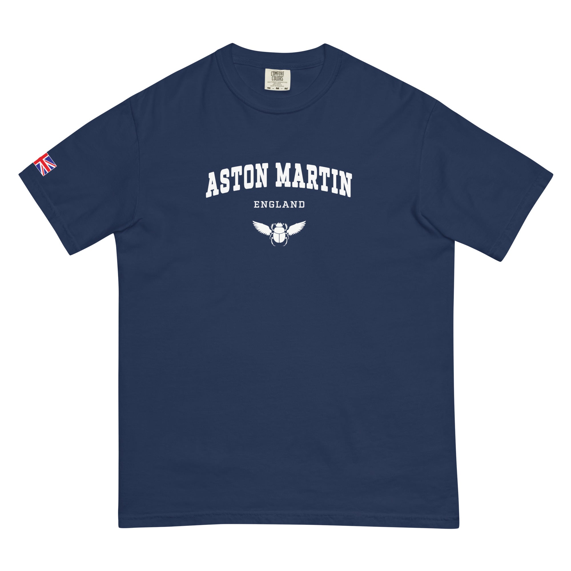 Navy blue t-shirt with 'Aston Martin England' text and logo on a white background