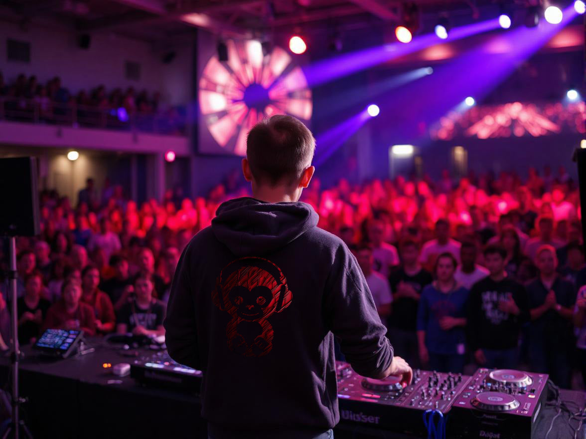 DJ performing wearing baby monksee black hoodie in front of crowd