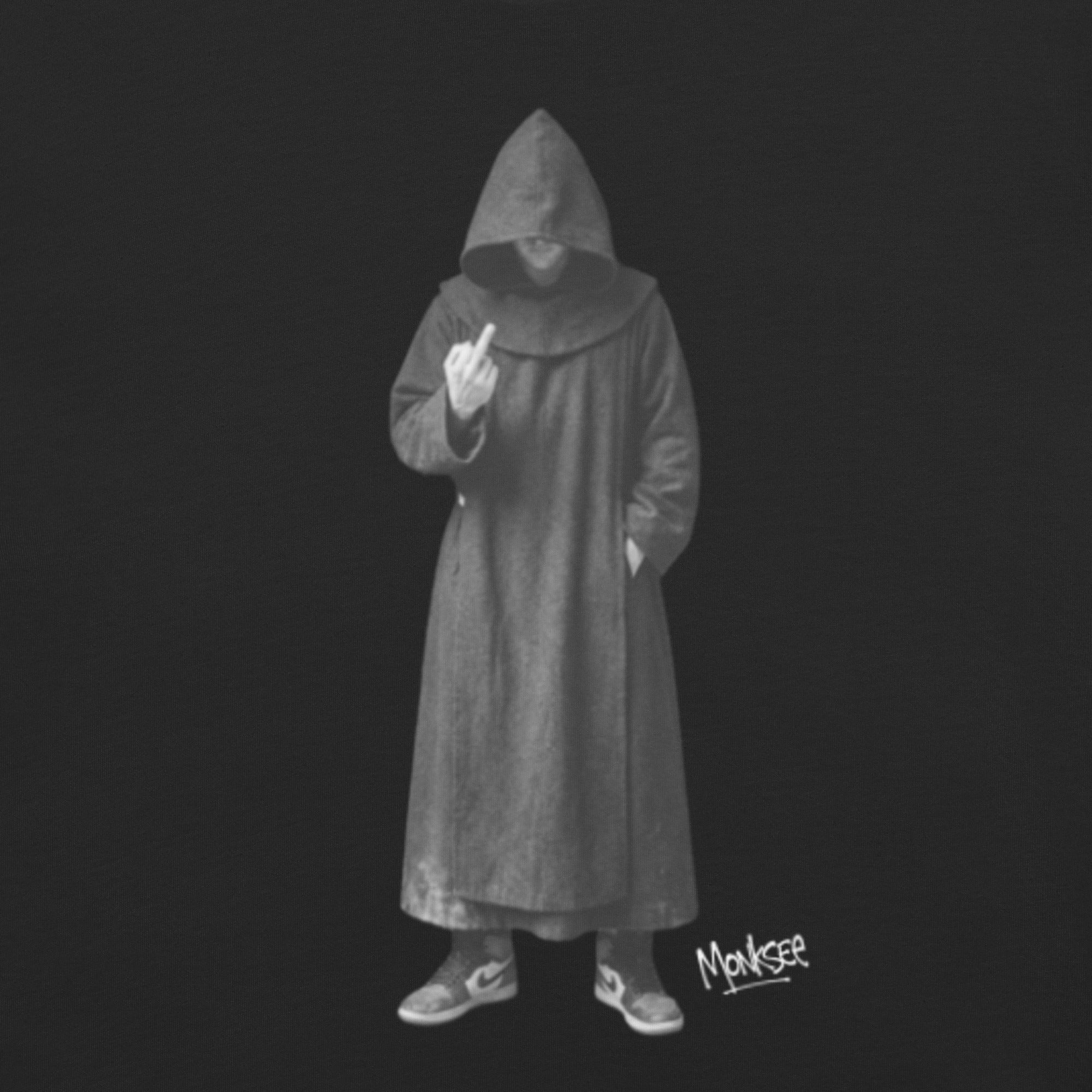 A monk giving the finger wearing air Jordan's and a monksee graffiti