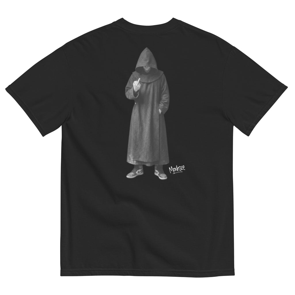 Black t-shirt with a graphic of a monk in a hooded robe giving the finger wearing air Jordan's on the back, on a white background.