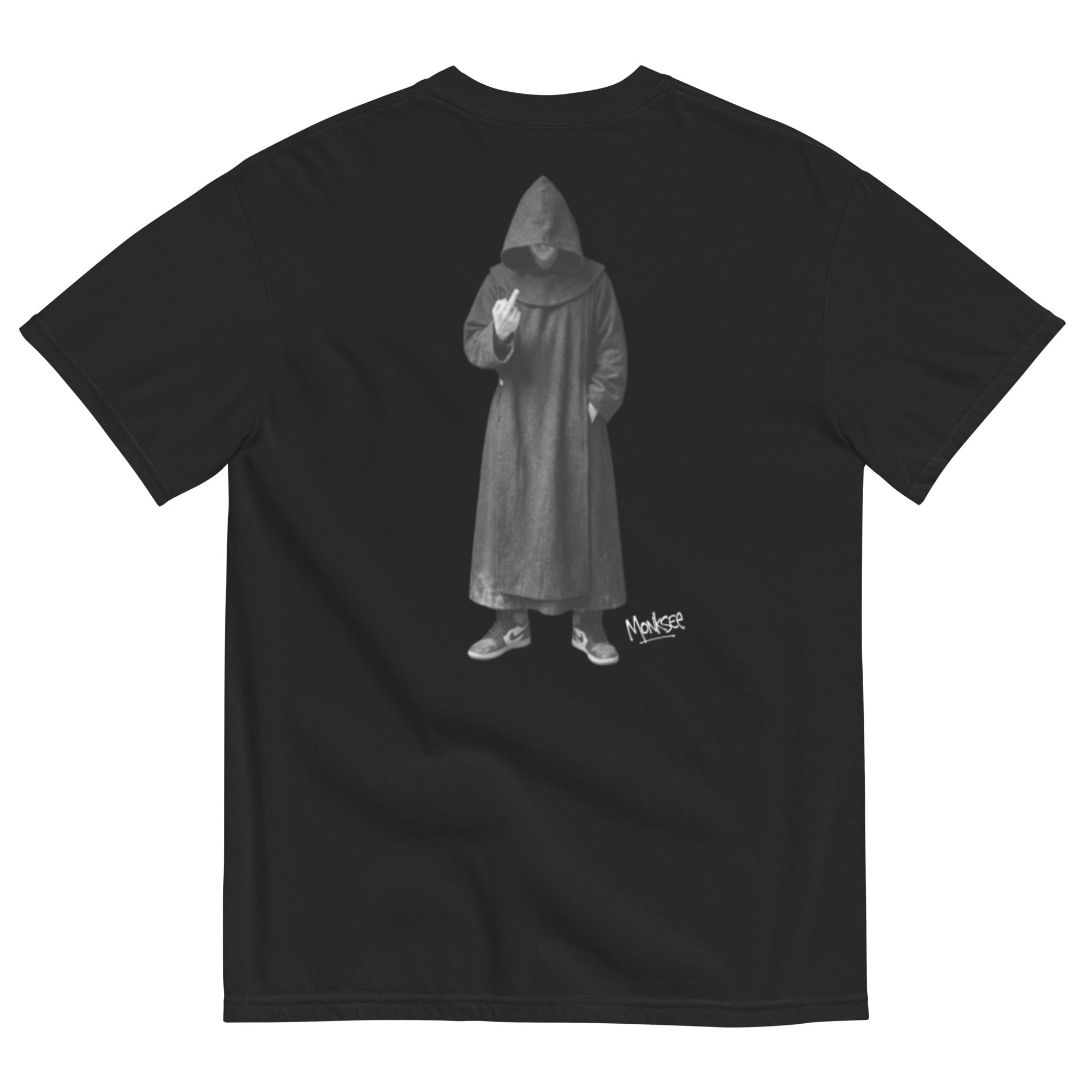 Black t-shirt with a graphic of a monk in a hooded robe giving the finger wearing air Jordan's on the back, on a white background.