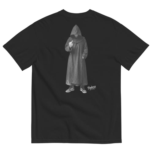 Black t-shirt with a graphic of a monk in a hooded robe giving the finger wearing air Jordan's on the back, on a white background.
