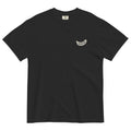 Black t-shirt with a white banana shaped Monksee label on a white background
