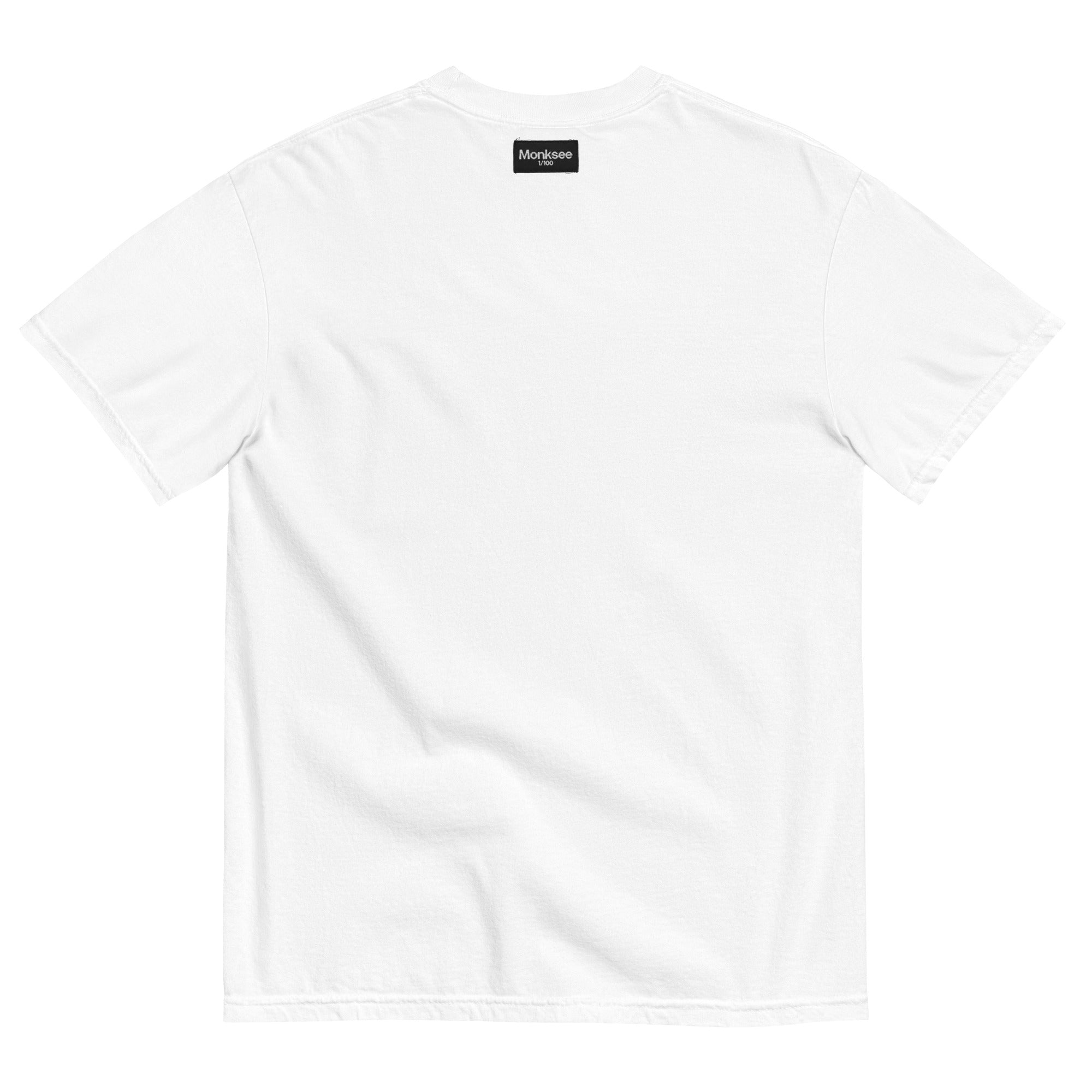 White t-shirt with a brand logo on the chest against a white background