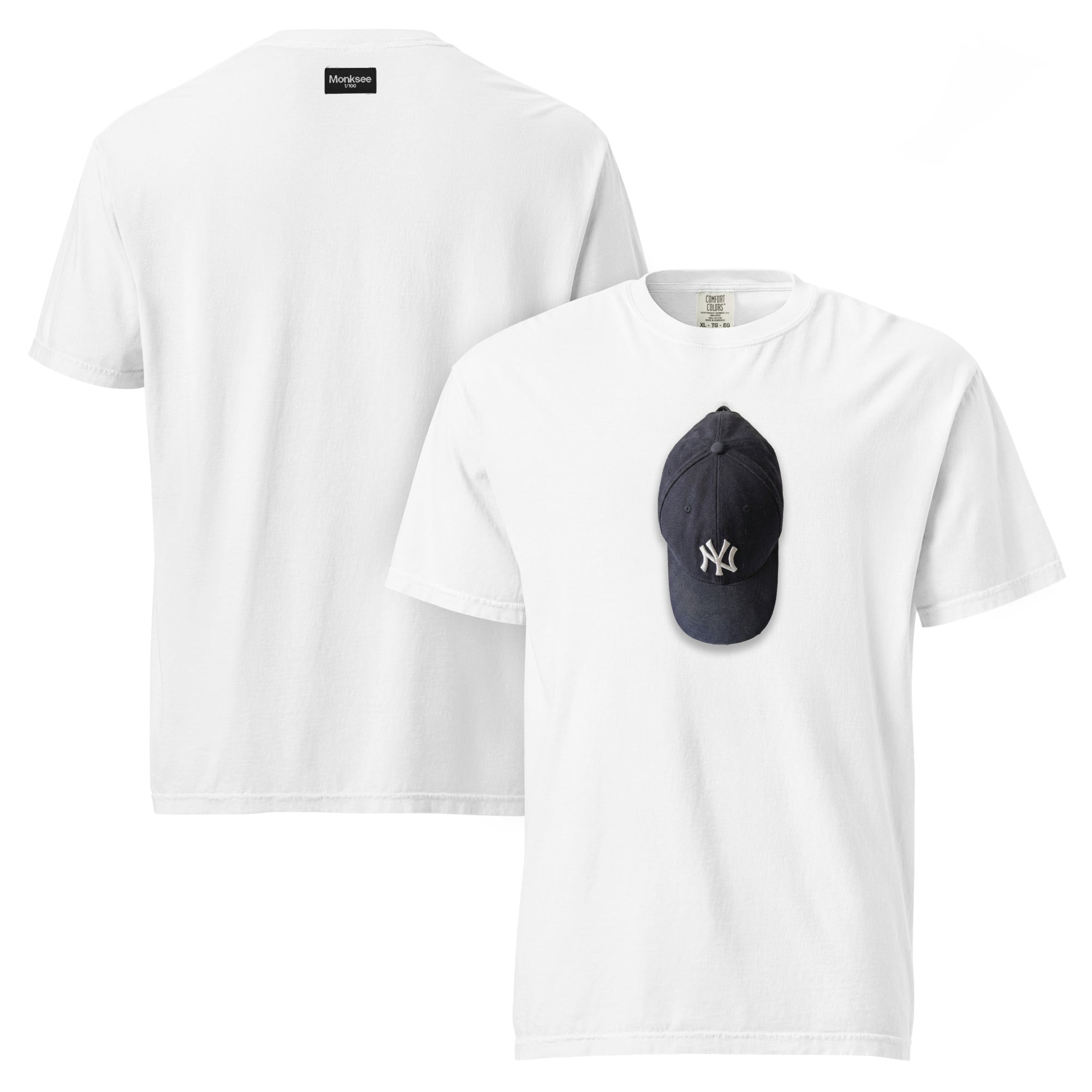 White t-shirt with a navy blue NY cap on a white background