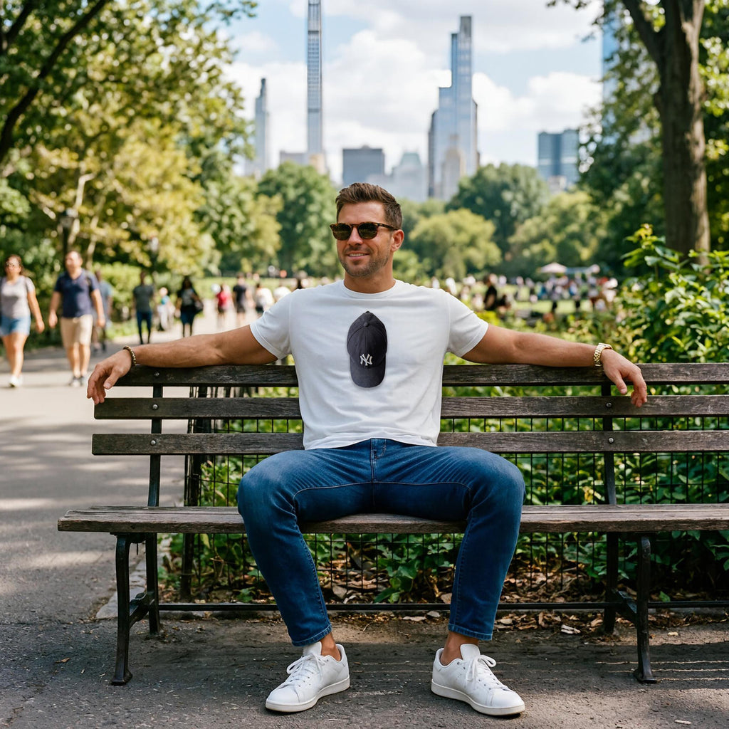 Man sitting on a bench wearing Monksee Bronx Flex t-shirt in Central Park with NY skyline  in the background