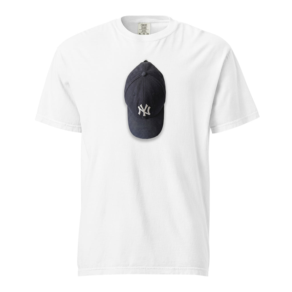 White t-shirt with a navy blue cap featuring a logo on a white background