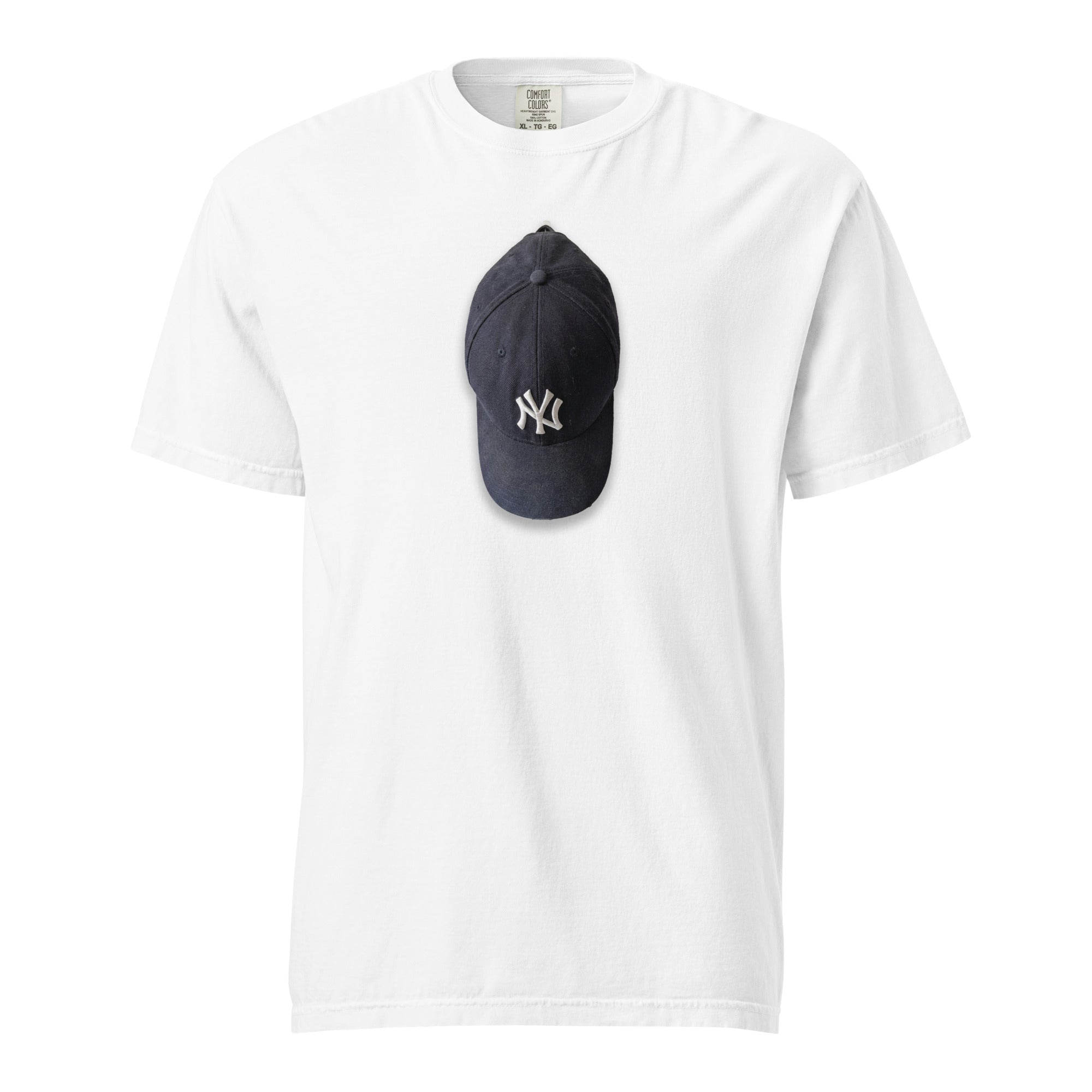 White t-shirt with a navy blue cap featuring a logo on a white background