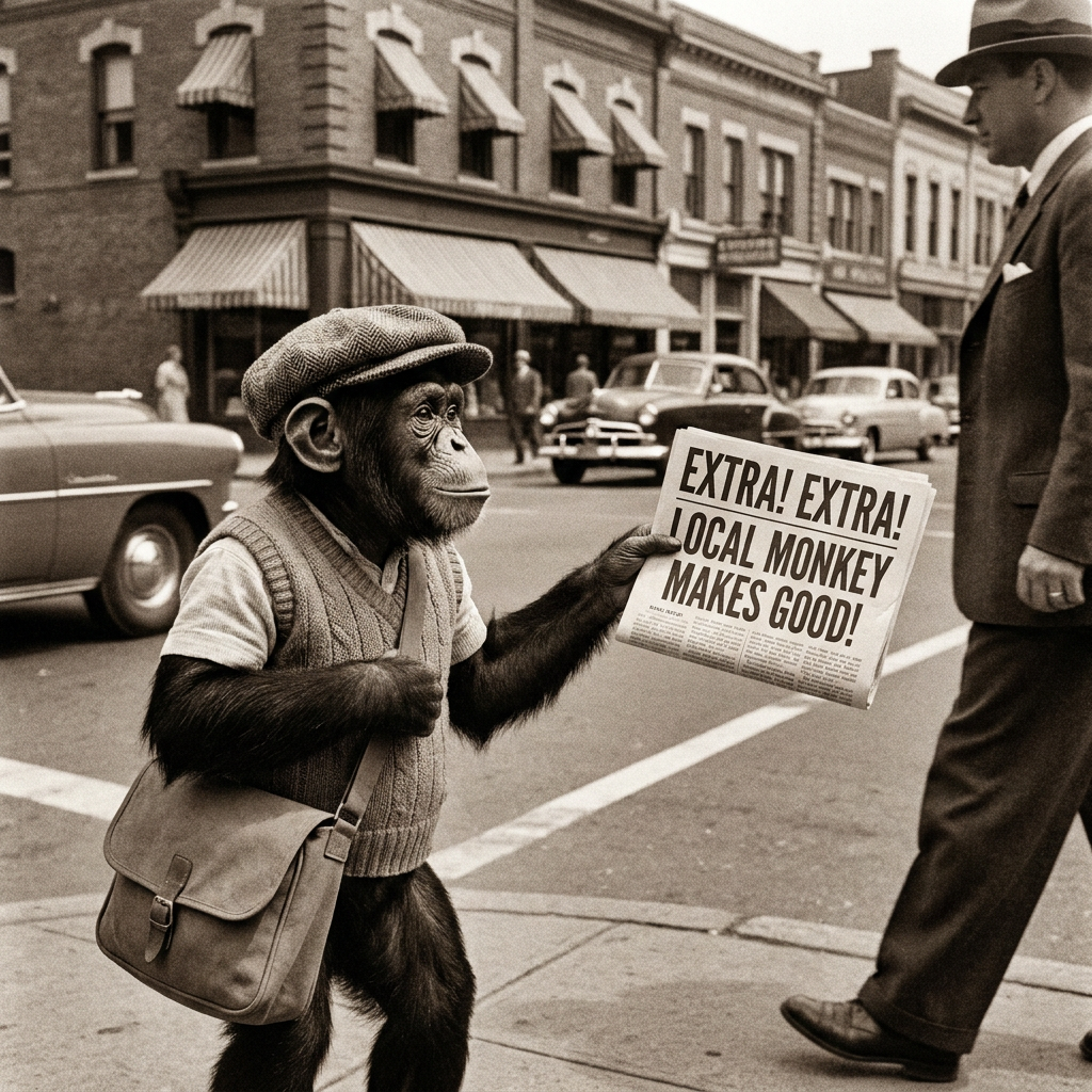 Monkey holding a newspaper with a headline about a local monkey, standing on a street with a man in a suit.