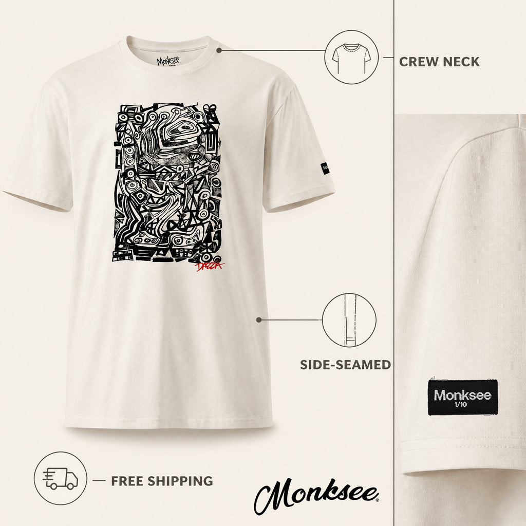 An off-white short-sleeve crewneck t-shirt by Monksee, featuring a large black abstract graphic print on the front with a small red signature accent. The image includes informative callouts highlighting the crew neck, side-seam construction, and the black brand label on the sleeve.
