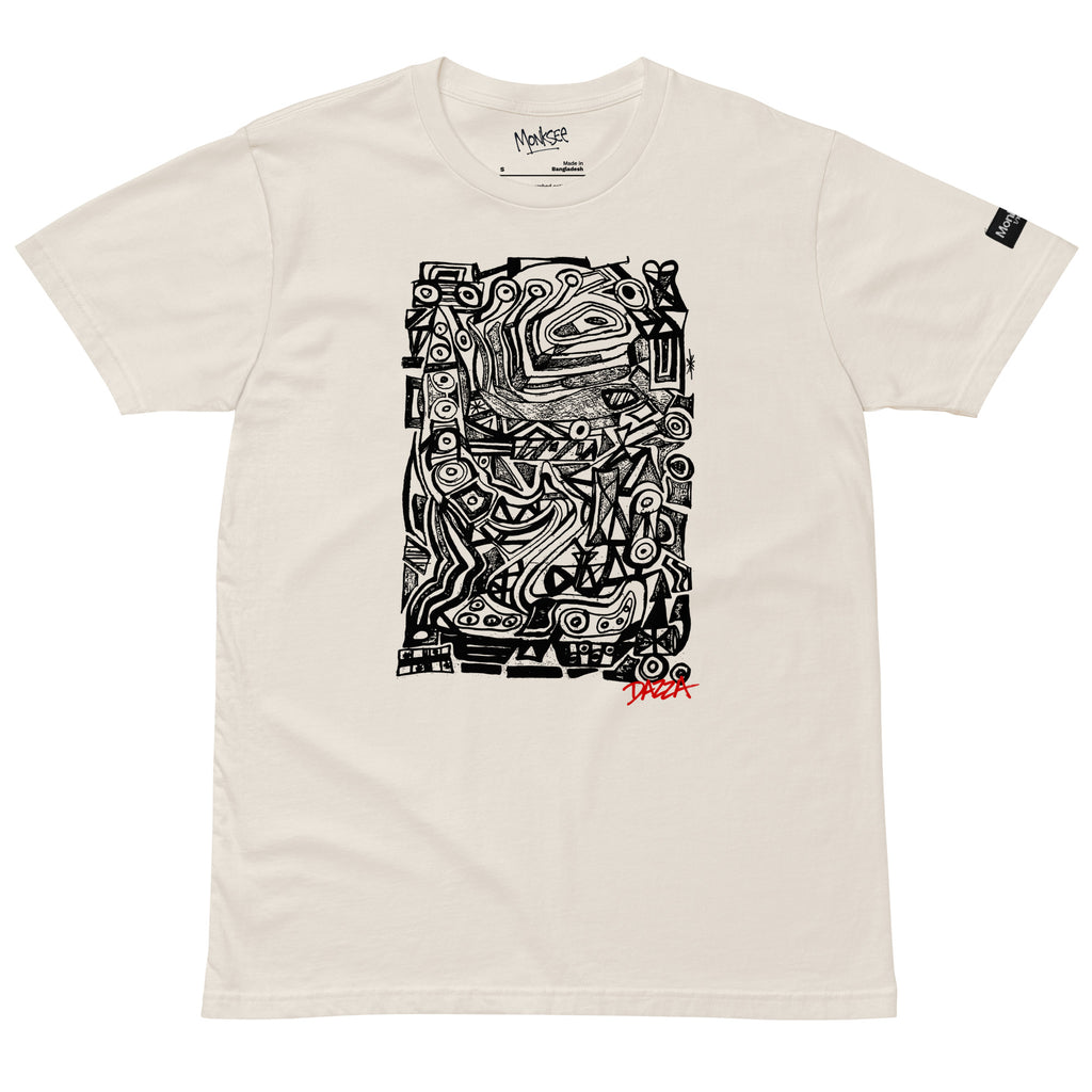 A bone short-sleeve t-shirt with a large black graphic print on the front depicting a stylized face, and a small red 'Dazza' logo underneath. The brand 'Monksee' is visible on the inner neck label and as a small sleeve tag.