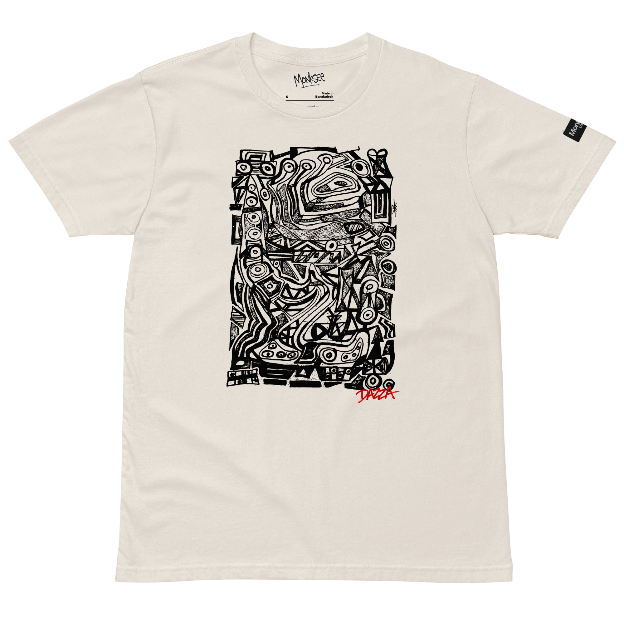 A bone short-sleeve t-shirt with a large black graphic print on the front depicting a stylized face, and a small red 'Dazza' logo underneath. The brand 'Monksee' is visible on the inner neck label and as a small sleeve tag.