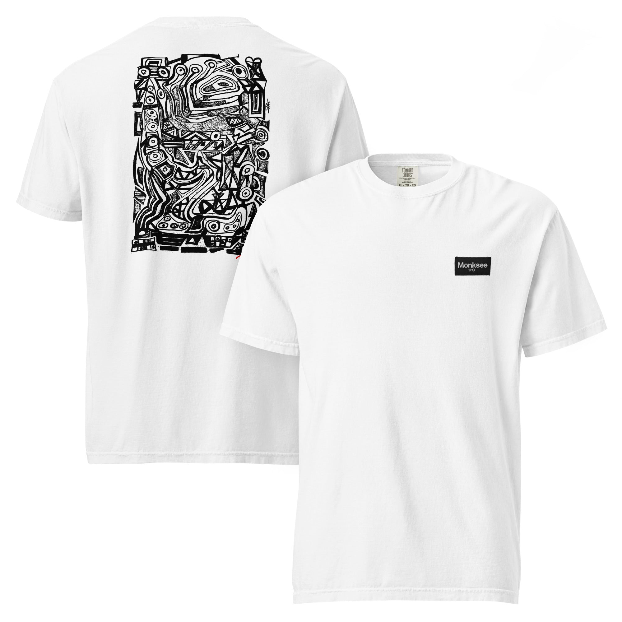 Dazza-Monksee short-sleeve t-shirt shown from both front and back. The front features a Monksee 1 of 10 label on the left chest, and the back displays a Dazza graphic print.