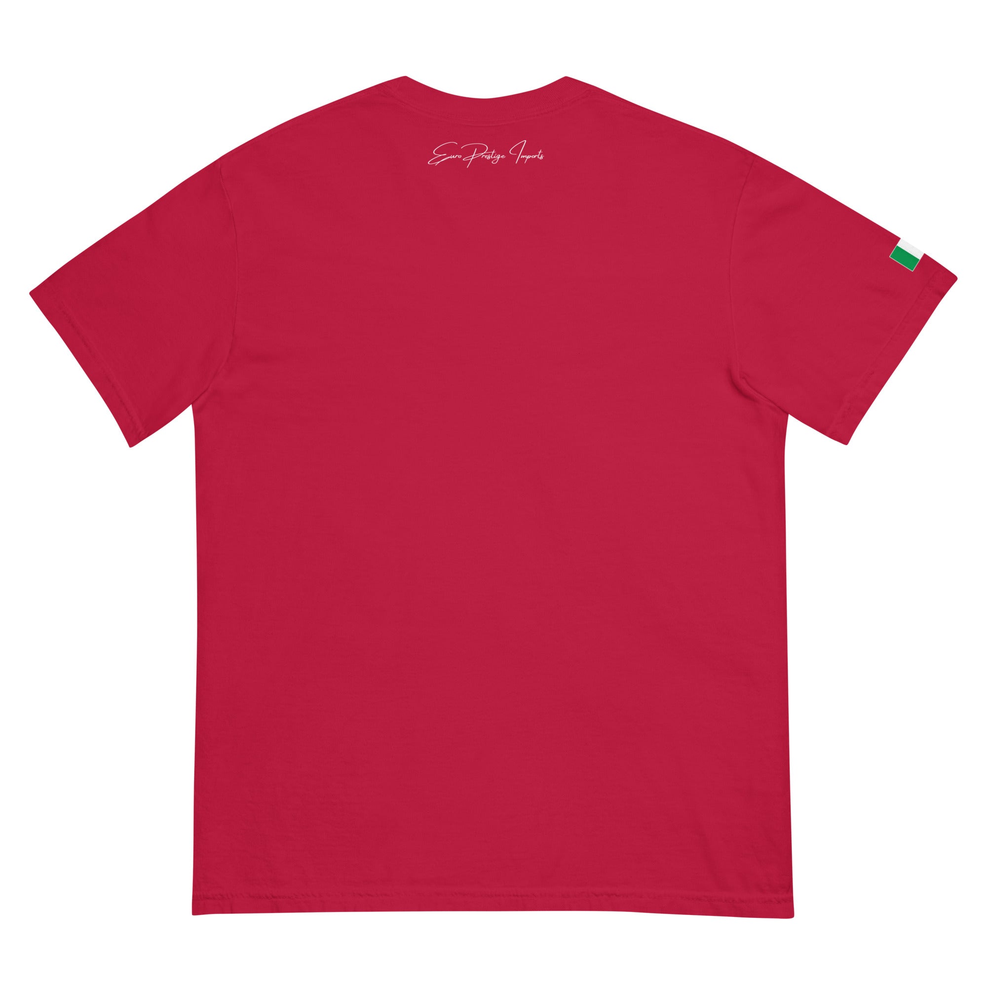 Red t-shirt with a small logo on the back against a white background