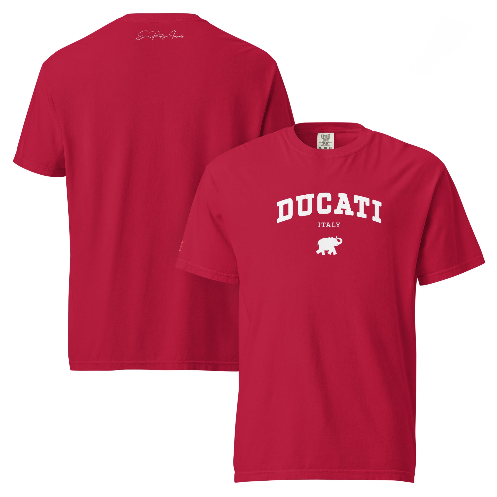 Red t-shirt with Ducati logo on a white background