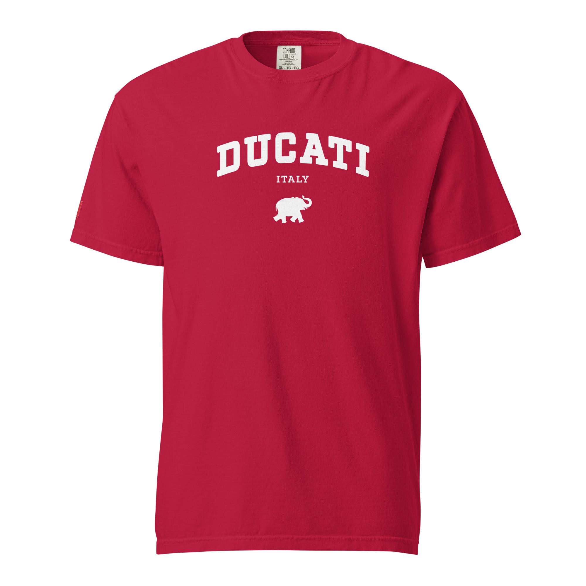 Red t-shirt with Ducati logo on a white background