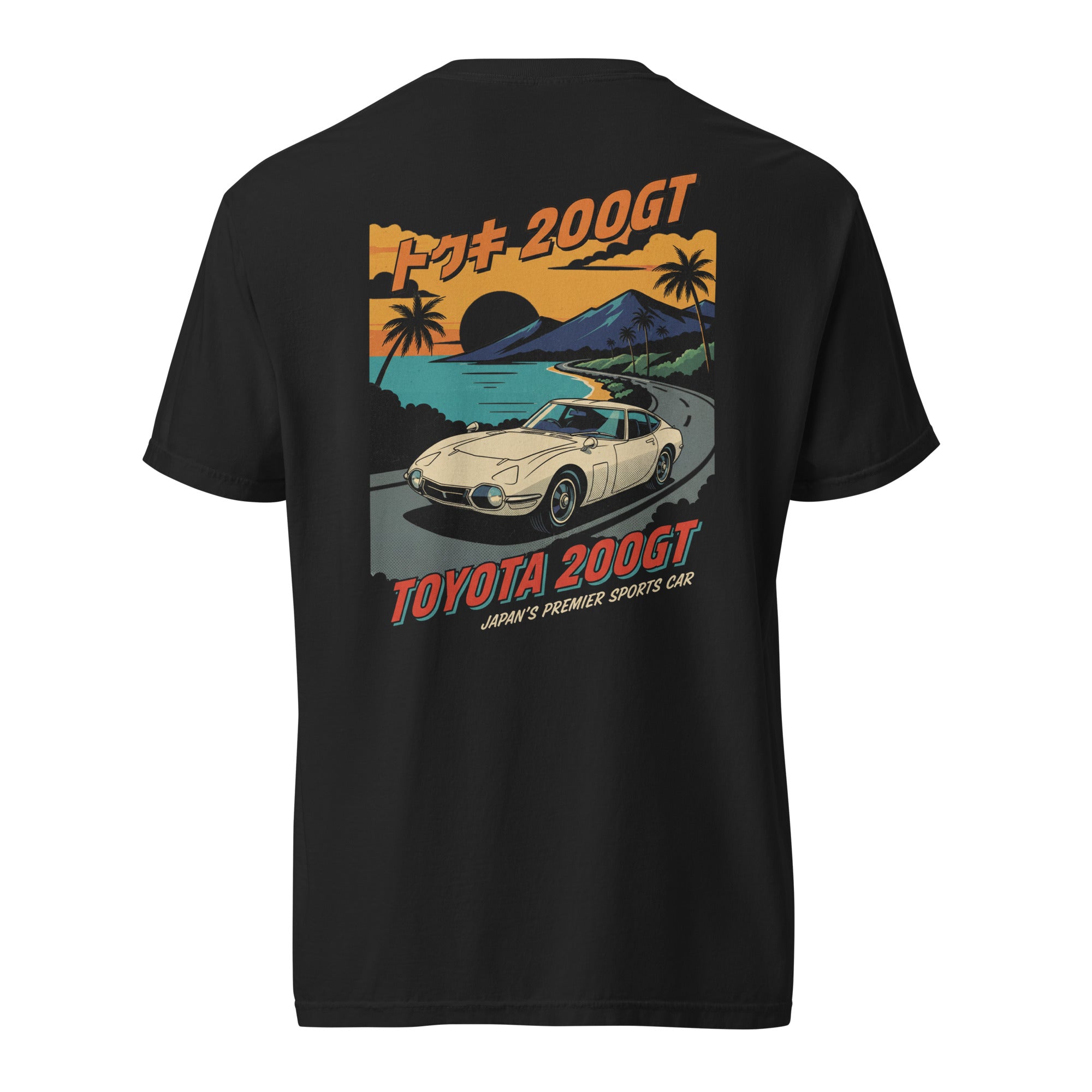 Black t-shirt with Toyota 2000GT graphic on a white background