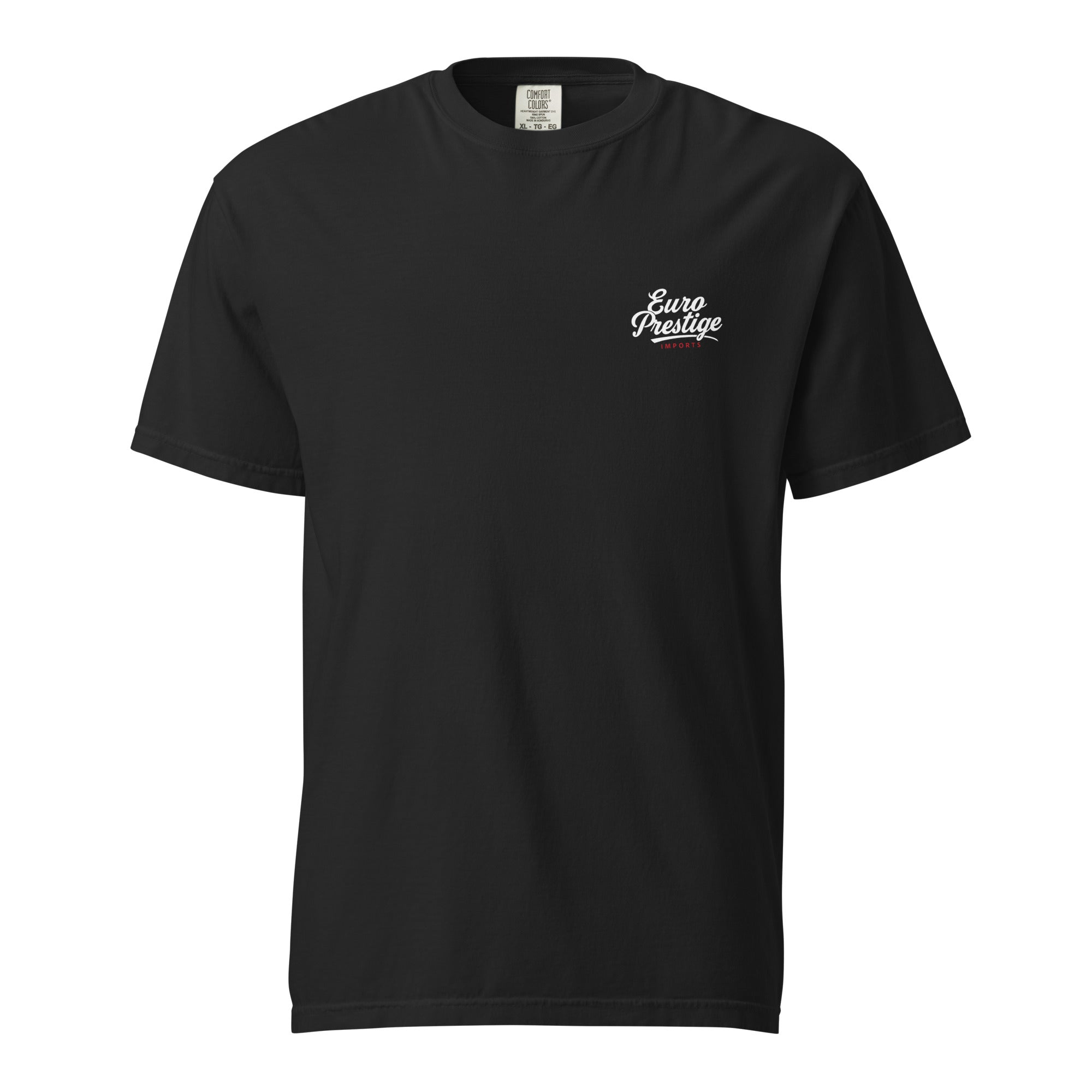 Black t-shirt with 'Euro Prestige' logo on a white background
