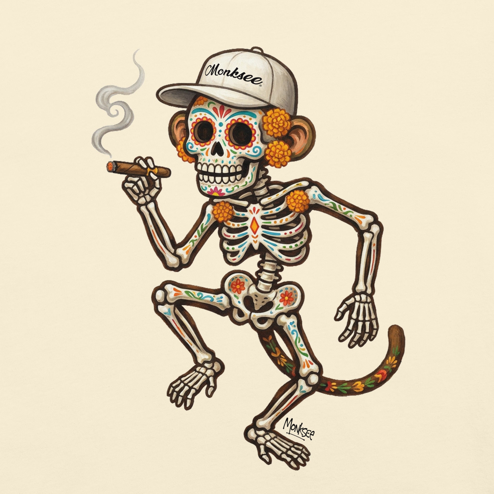 A stylized Day of the Dead sugar skull monkey illustration wearing a baseball cap and holding a cigar, centered on a plain warm beige background.