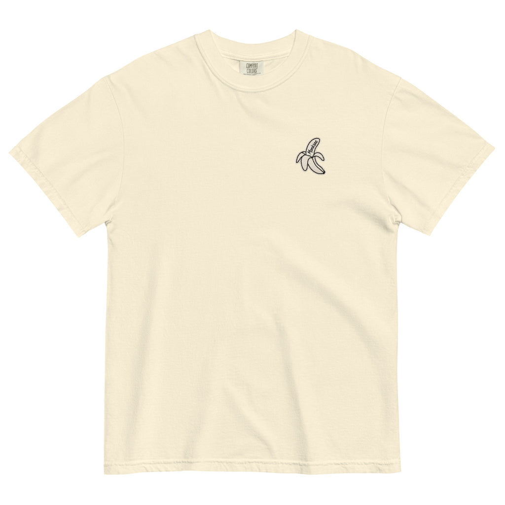 Beige t-shirt with a Monksee banana logo on the chest against a white background