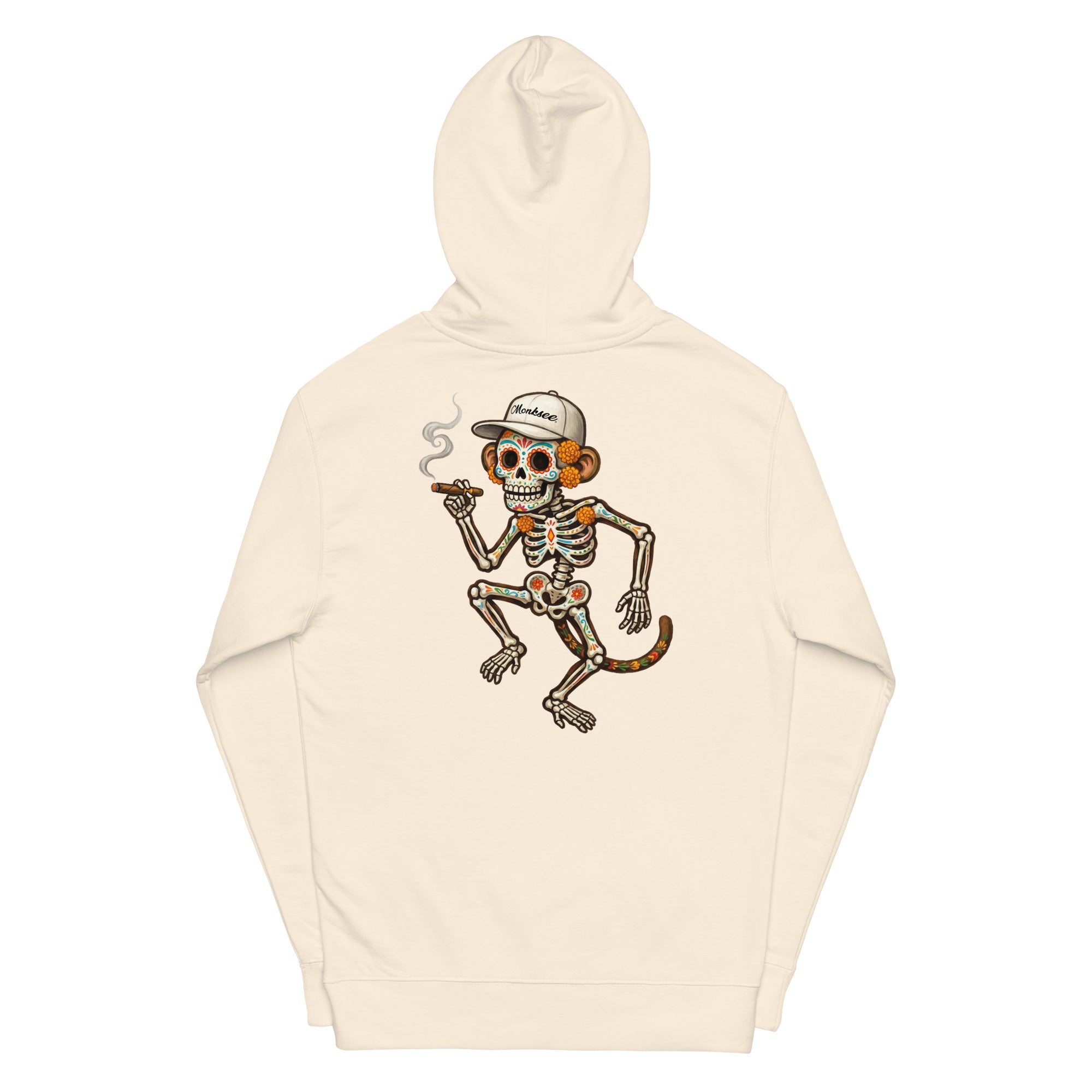 A bone-colored hooded sweatshirt featuring a large graphic print of a dancing skeleton monkey wearing a white baseball cap on the back. The cap has the brand name 'Monksee' printed on it.