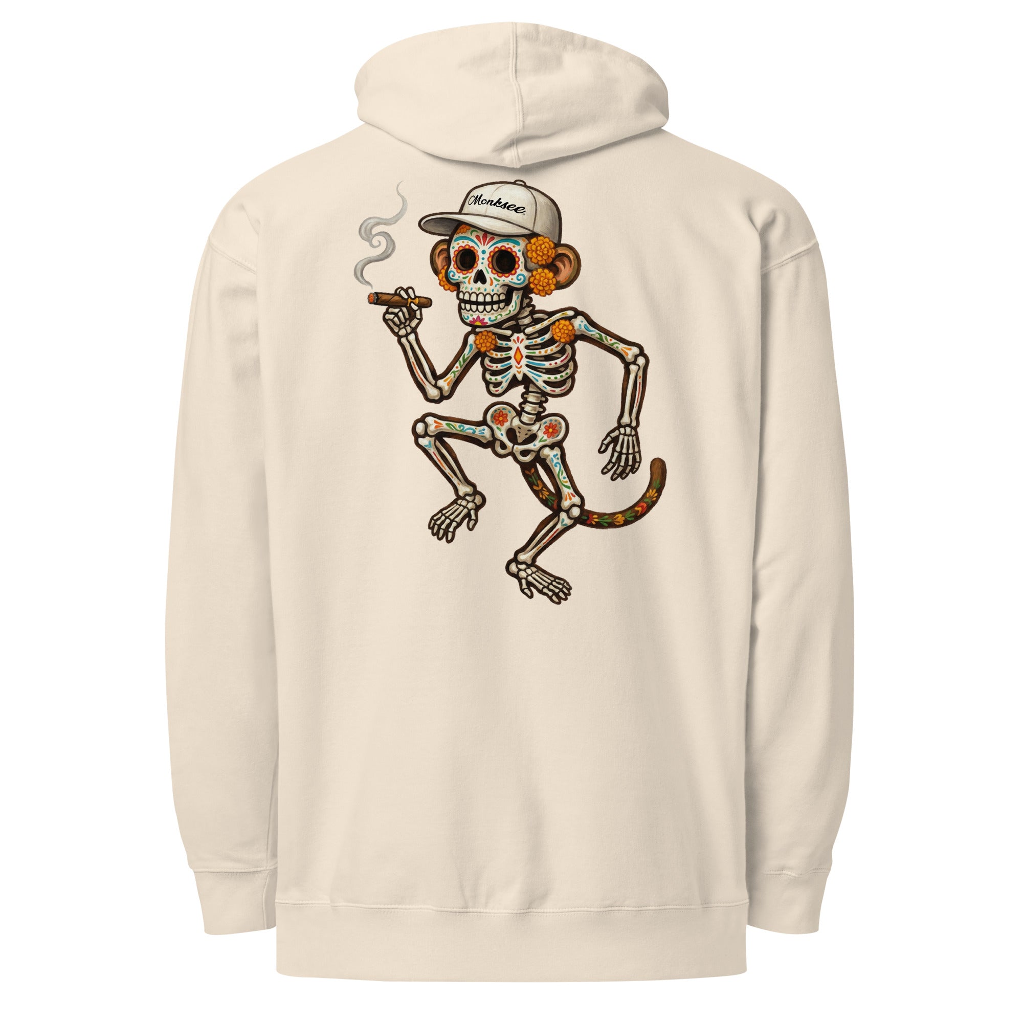A bone-colored pullover hoodie shown from the back, featuring a large graphic of a dancing monkey skeleton wearing a baseball cap and smoking a cigar.