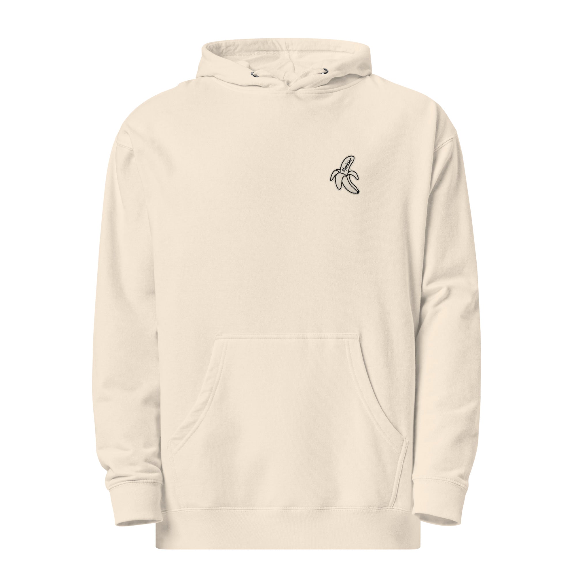 A bone-colored pullover hoodie with a small Monksee banana label on the left chest, displayed on a clean white background.