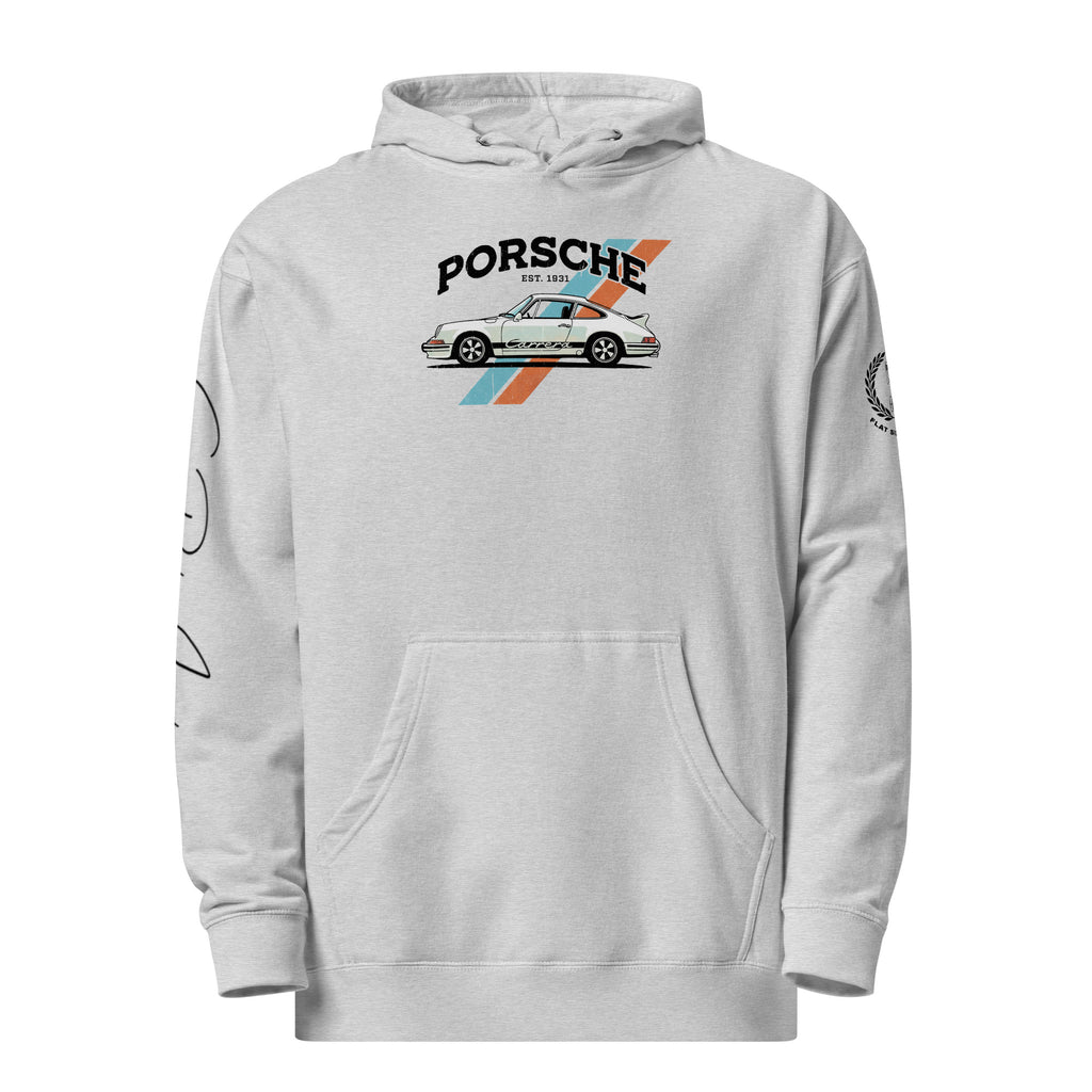 athletic Gray hoodie with Porsche logo and car illustration on a white background