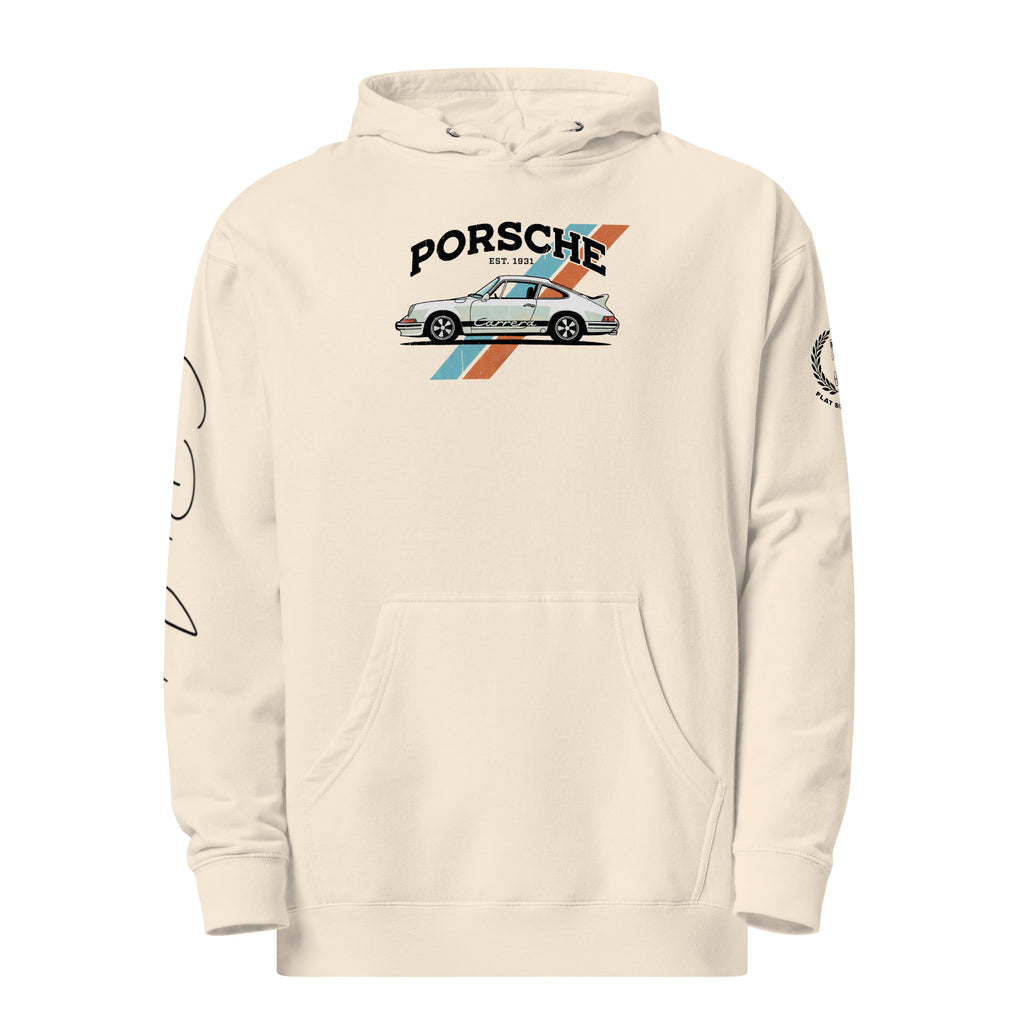 Bone hoodie with Porsche logo and car illustration on a white background