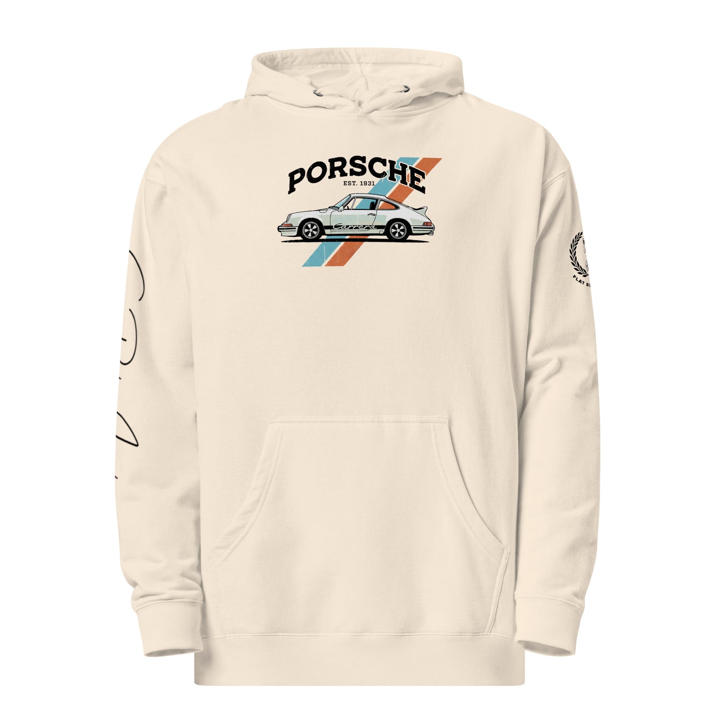 Bone hoodie with Porsche logo and car illustration on a white background