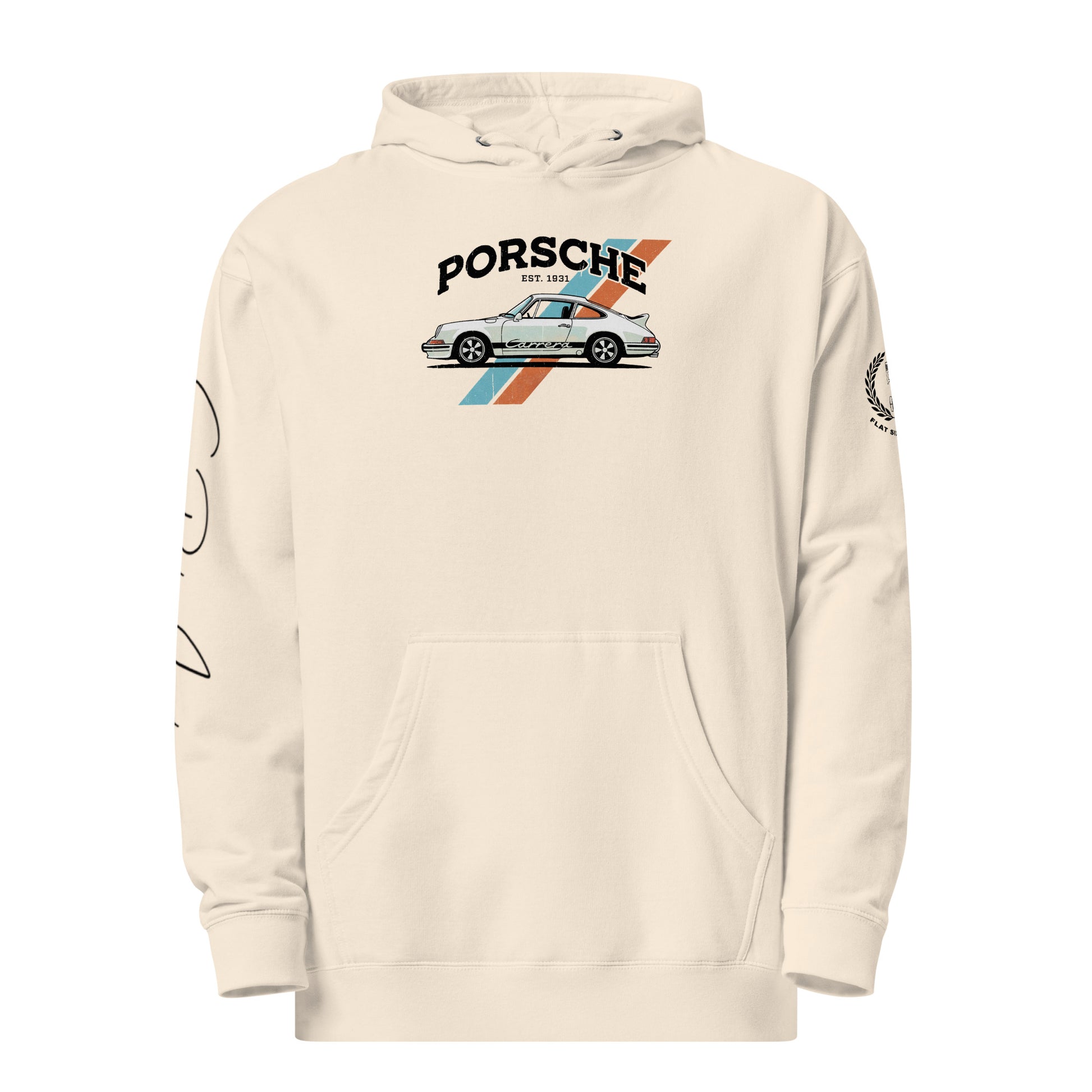 Bone hoodie with Porsche logo and car illustration on a white background
