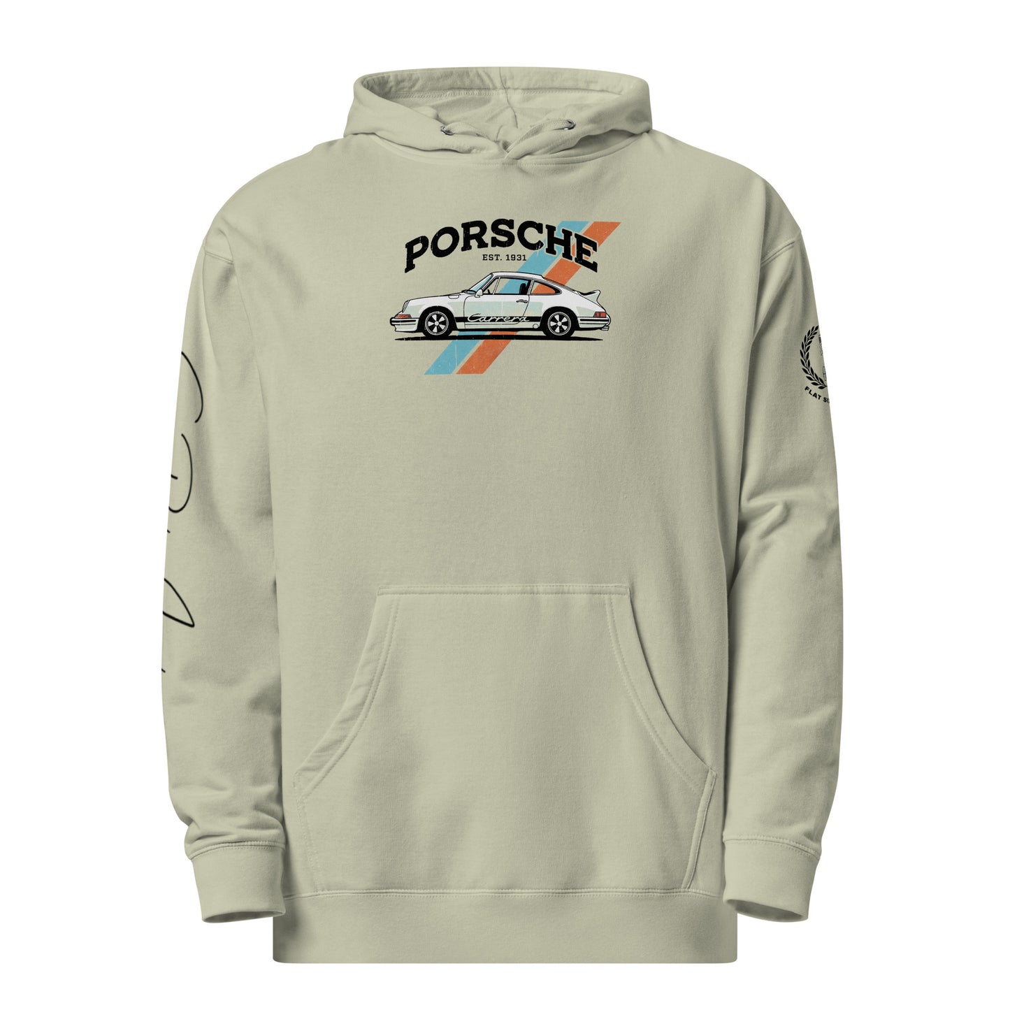Dusty Sage hoodie with Porsche logo and car illustration on a white background