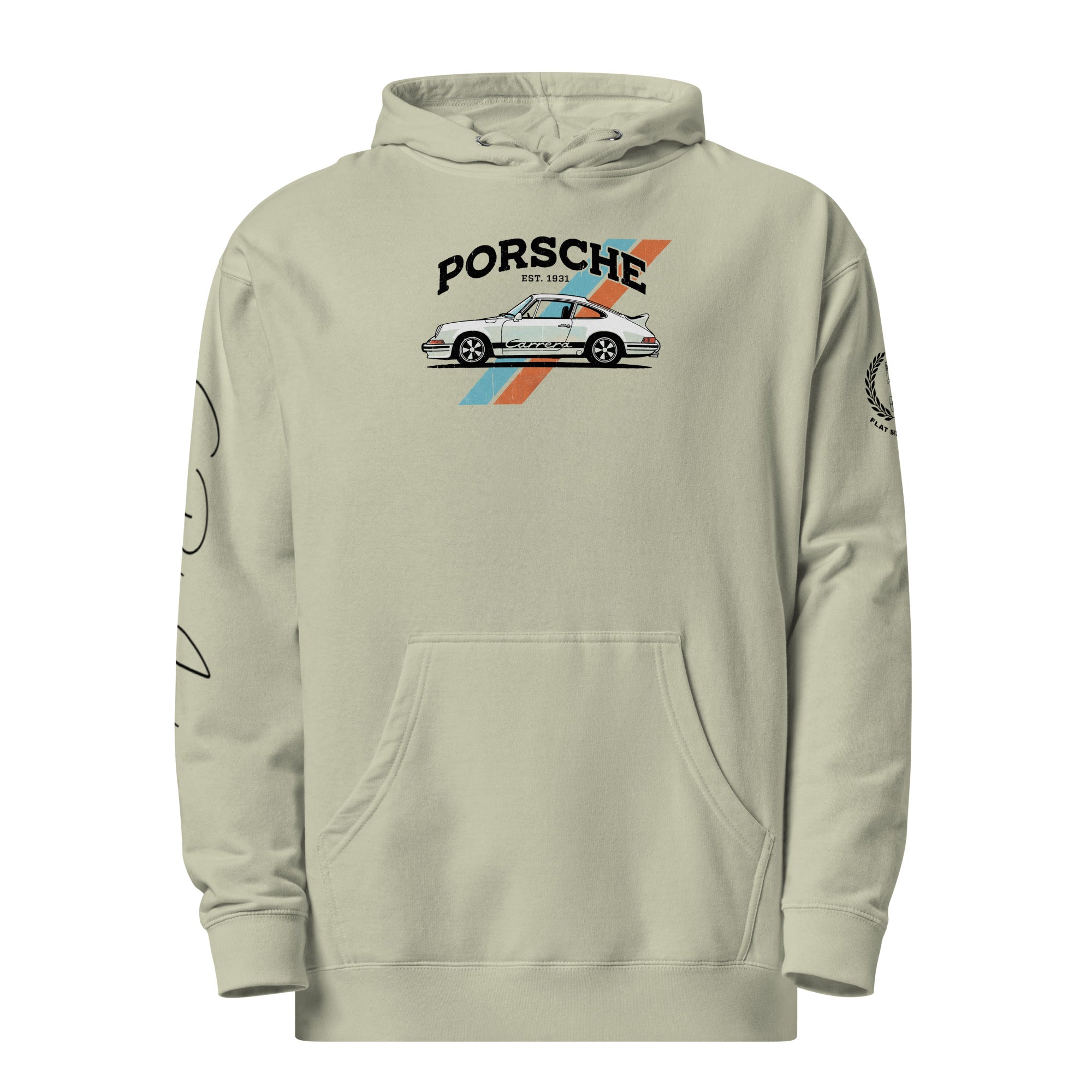 Dusty Sage hoodie with Porsche logo and car illustration on a white background