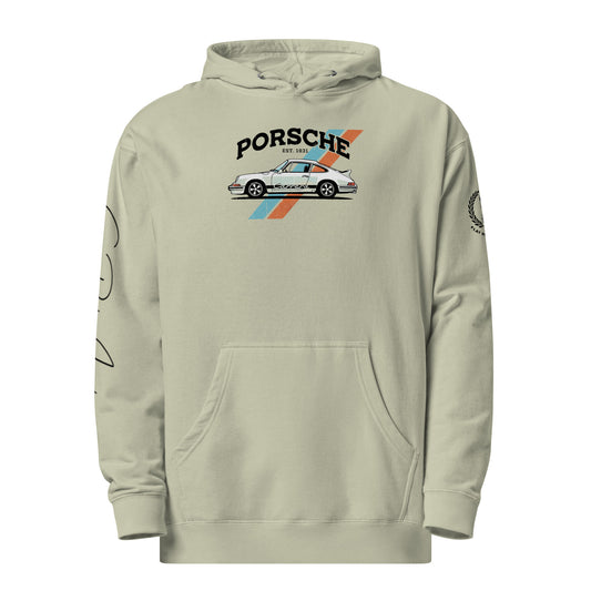 Dusty Sage hoodie with Porsche logo and car illustration on a white background