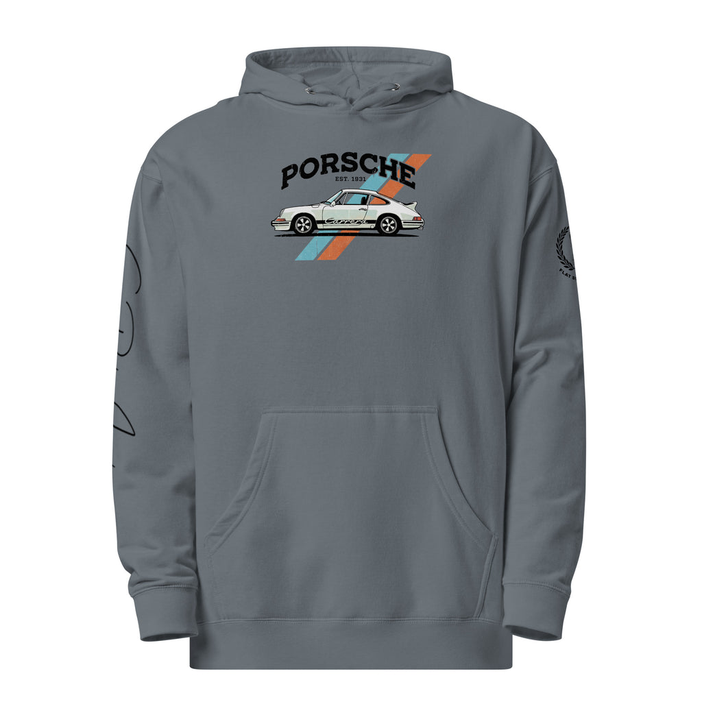 Storm blue hoodie with Porsche logo and car illustration on a white background