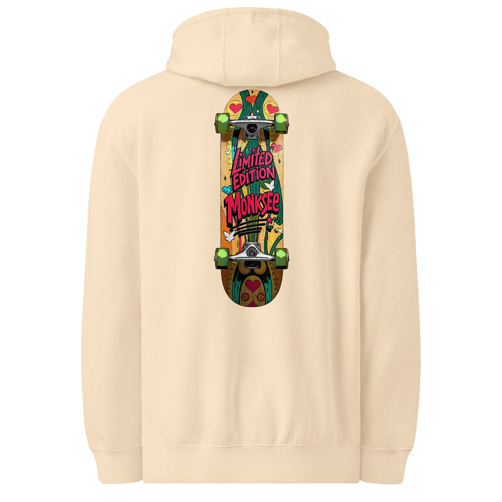 back of monksee fresh deck sandshell hoodie, hood down, on a white background