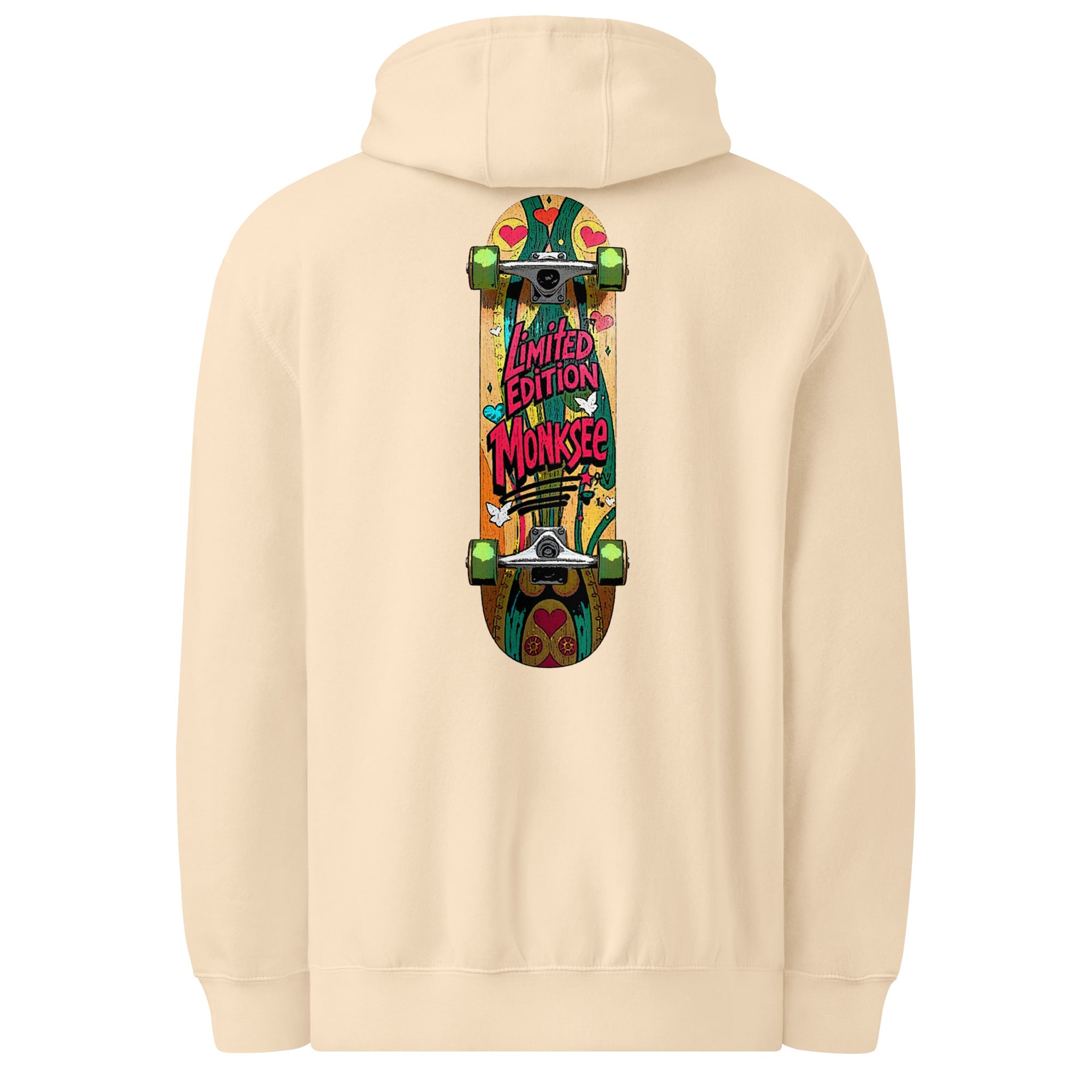 back of monksee fresh deck sandshell hoodie, hood down, on a white background