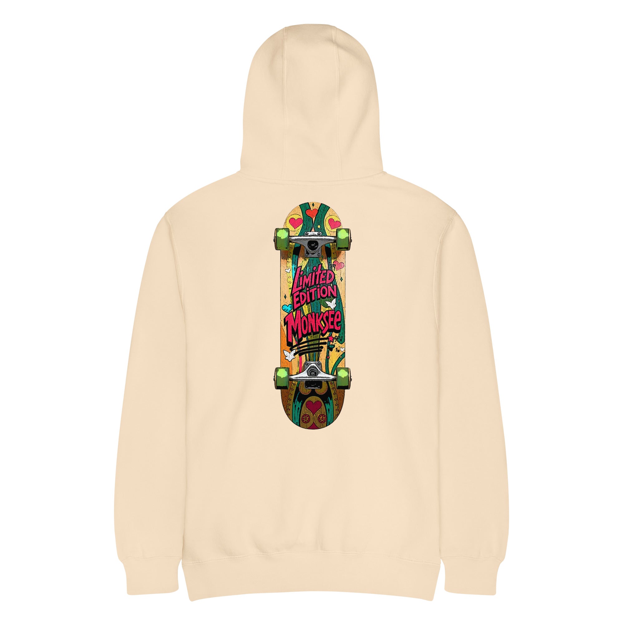 back of monksee fresh deck sandshell hoodie with skateboard graphic on a white background