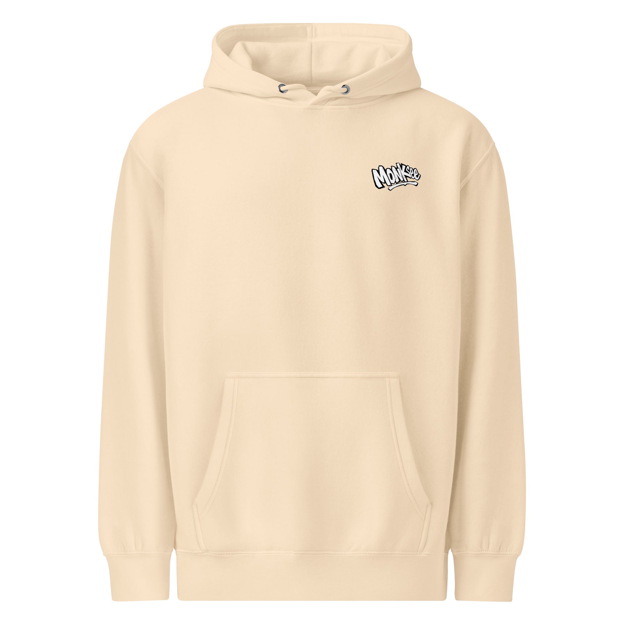 front of monksee fresh deck sandshell midweight hoodie, hood down, on a white background
