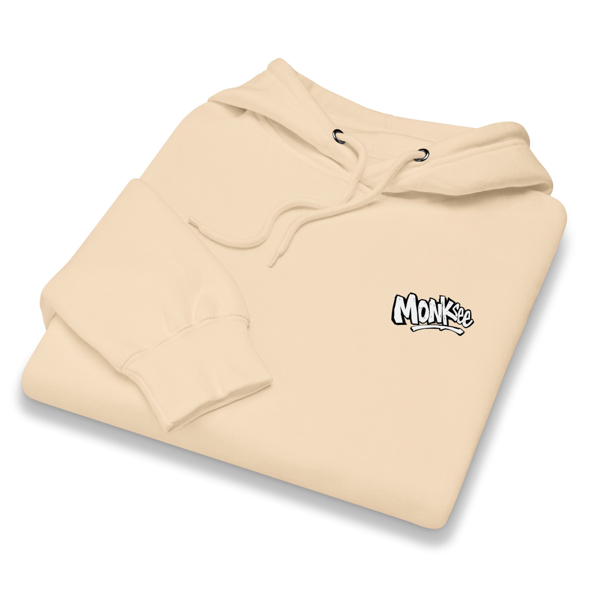 monksee fresh deck hoodie folded up showing drawstring and cuff with Monksee logo on top left chest. On white background