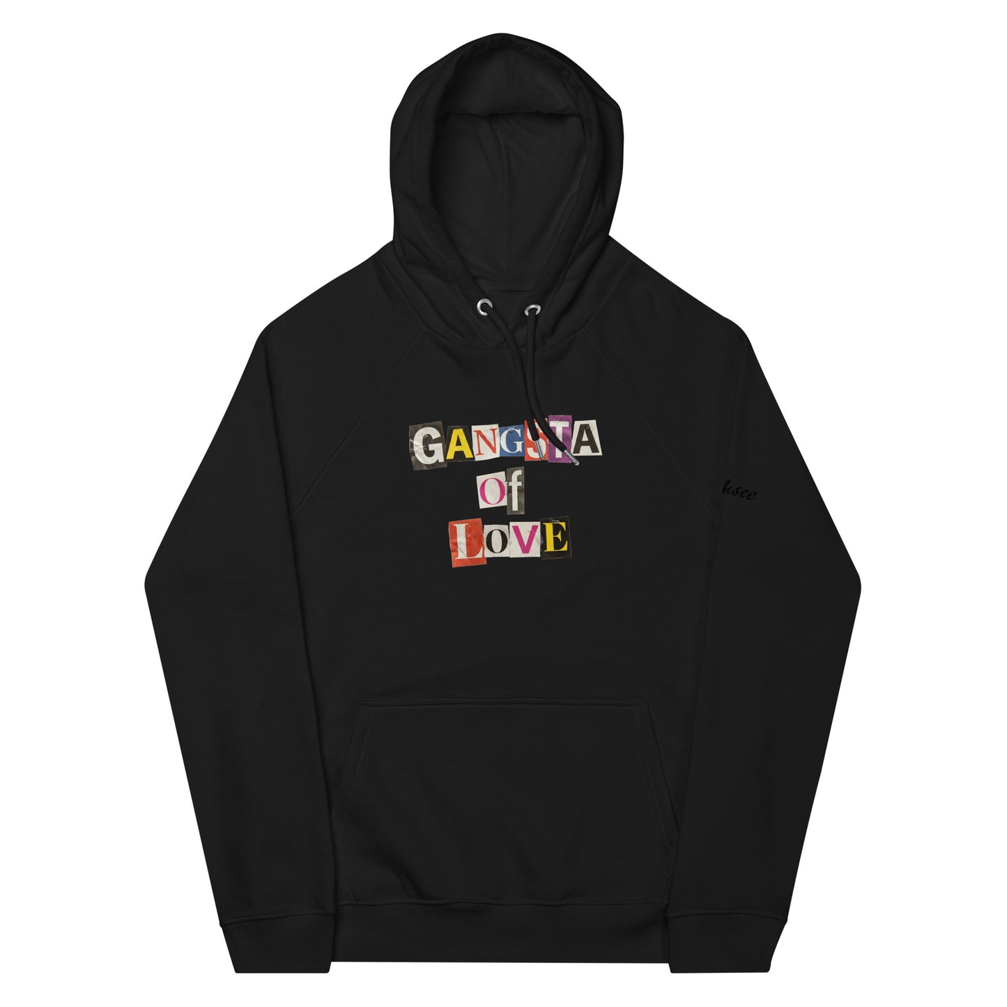 Black monksee eco hoodie with colorful 'Gangsta of Love' text on a white background
