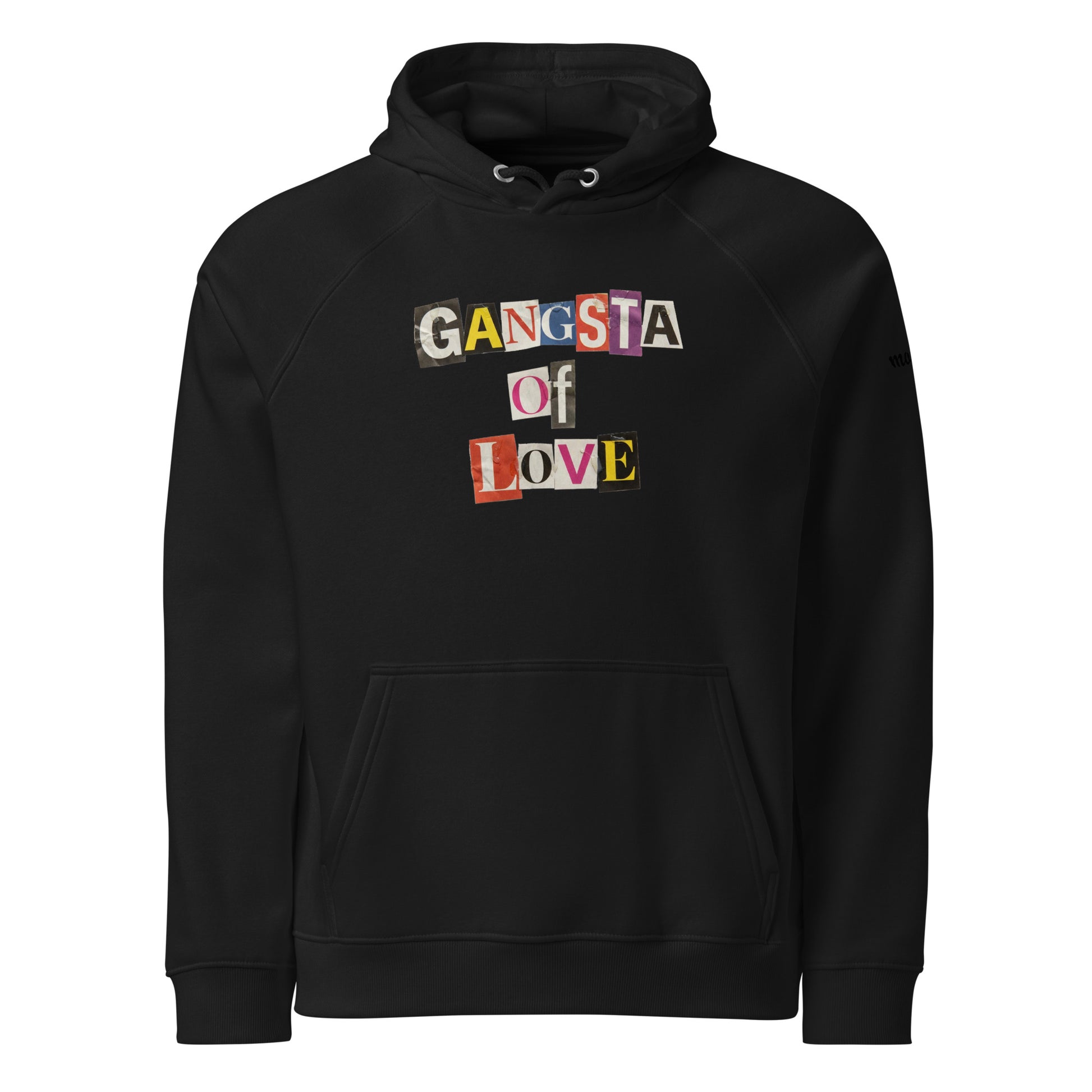 Black eco Monksee hoodie with 'Gangsta of Love' text on a white background