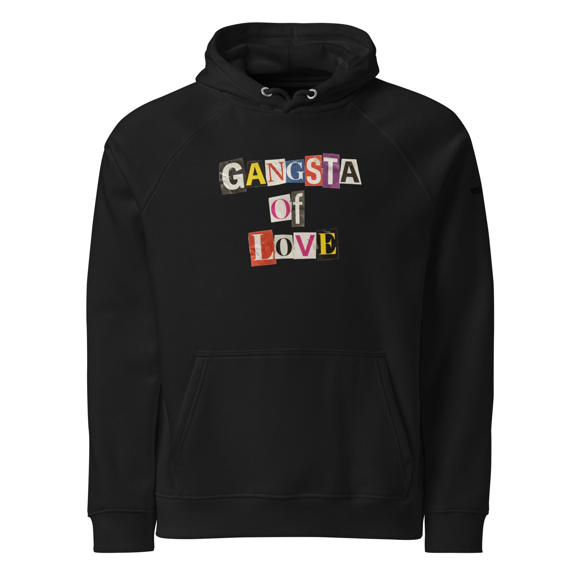 Black eco Monksee hoodie with 'Gangsta of Love' text on a white background