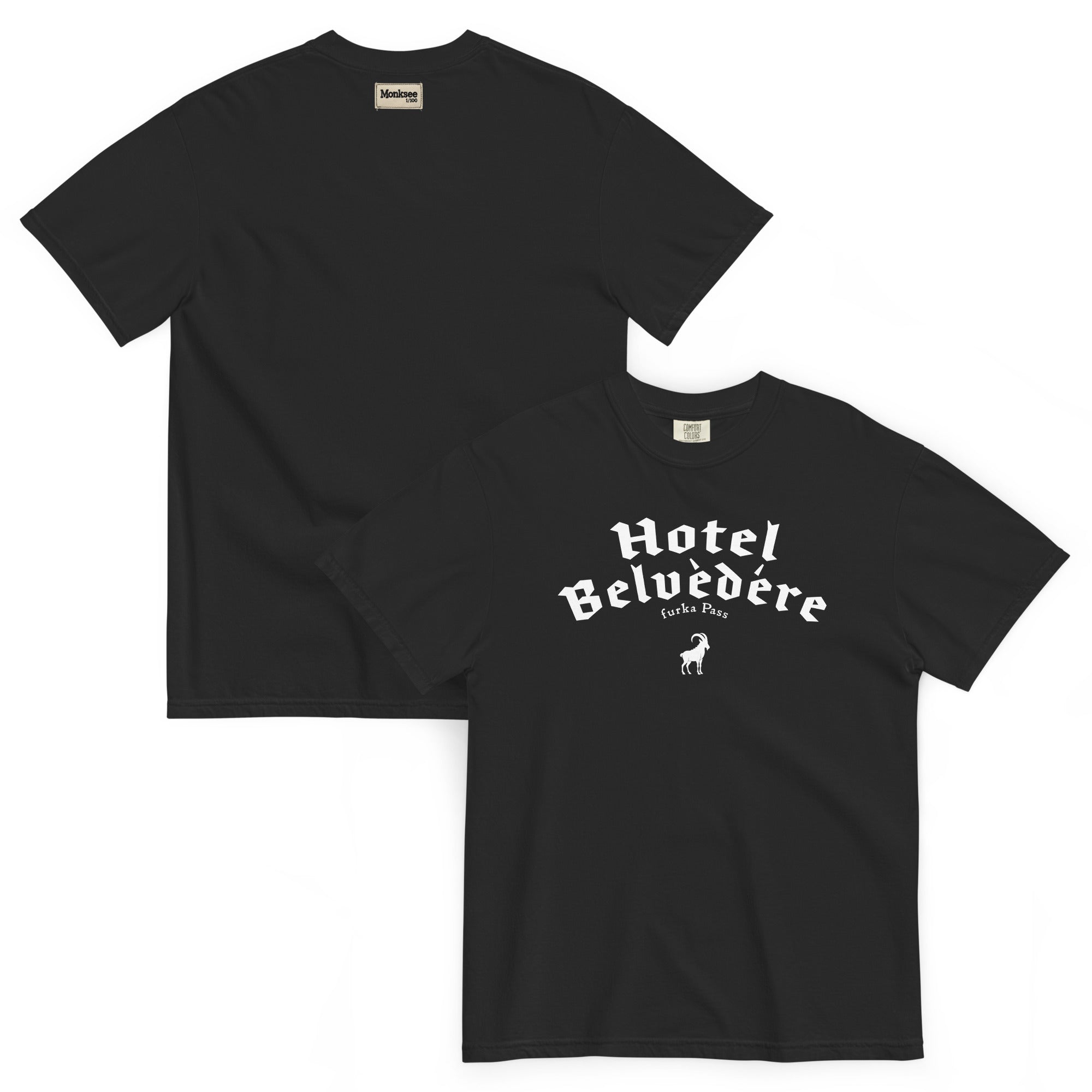 Front and back of Monksee Hotel Belvedere t-shirt on a white background