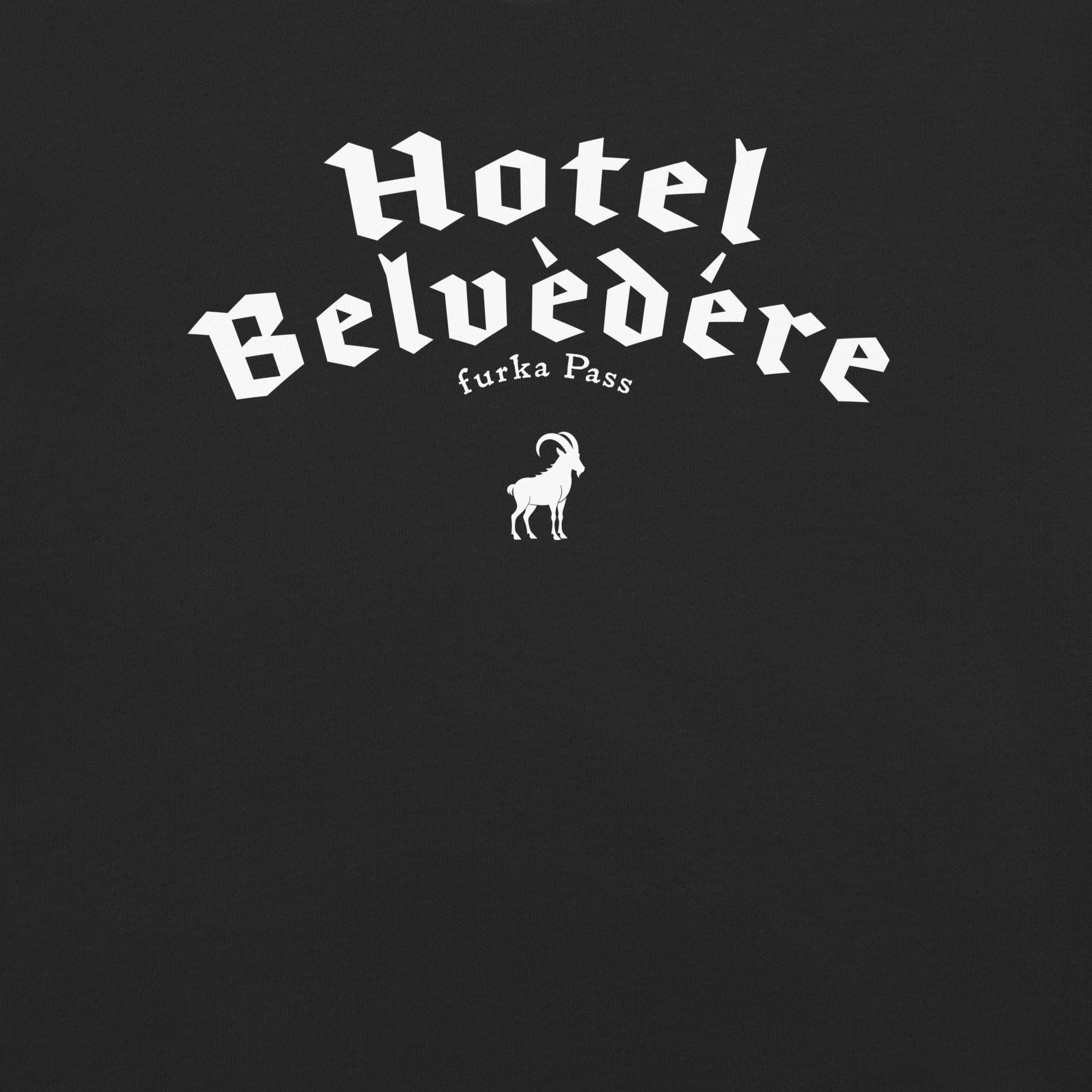Graphic of Hotel Belvedere with a goat illustration on a black background