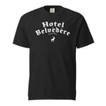 Black t-shirt with 'Hotel Belvedere' text and logo on a white background