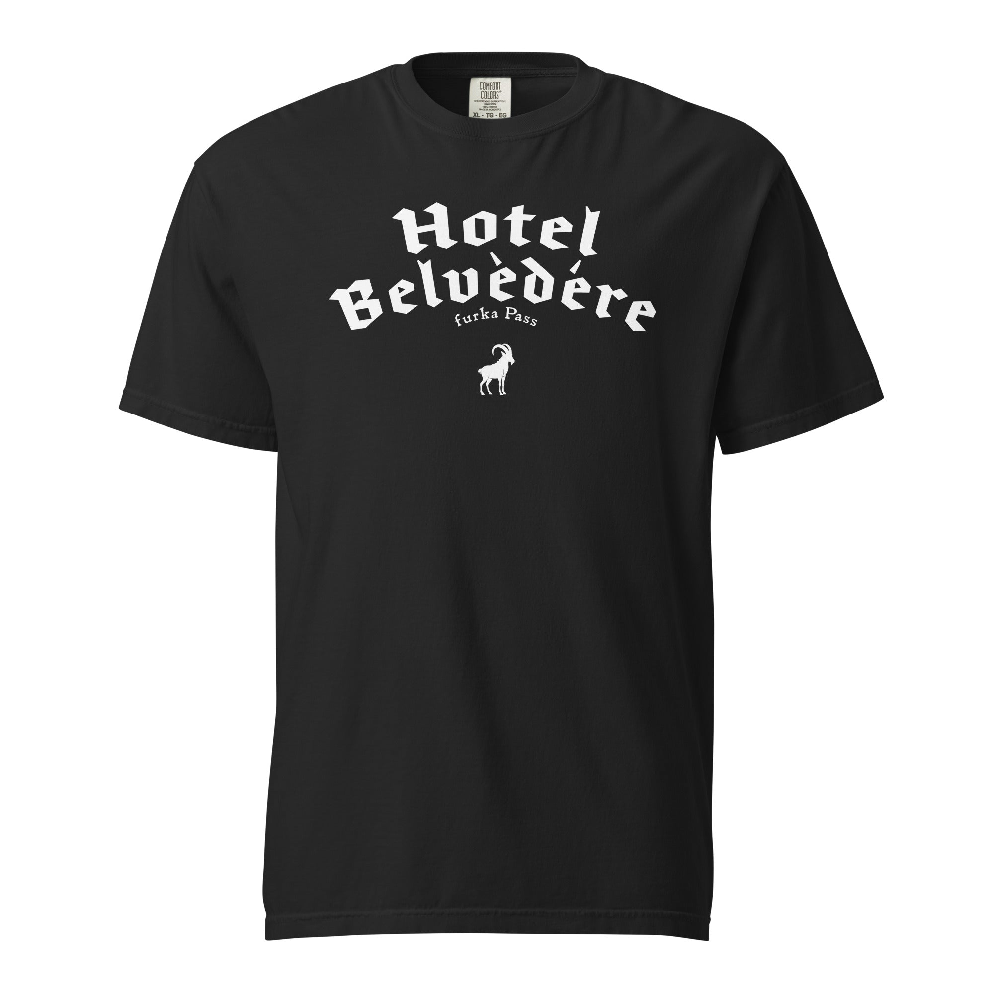 Black t-shirt with 'Hotel Belvedere' text and logo on a white background